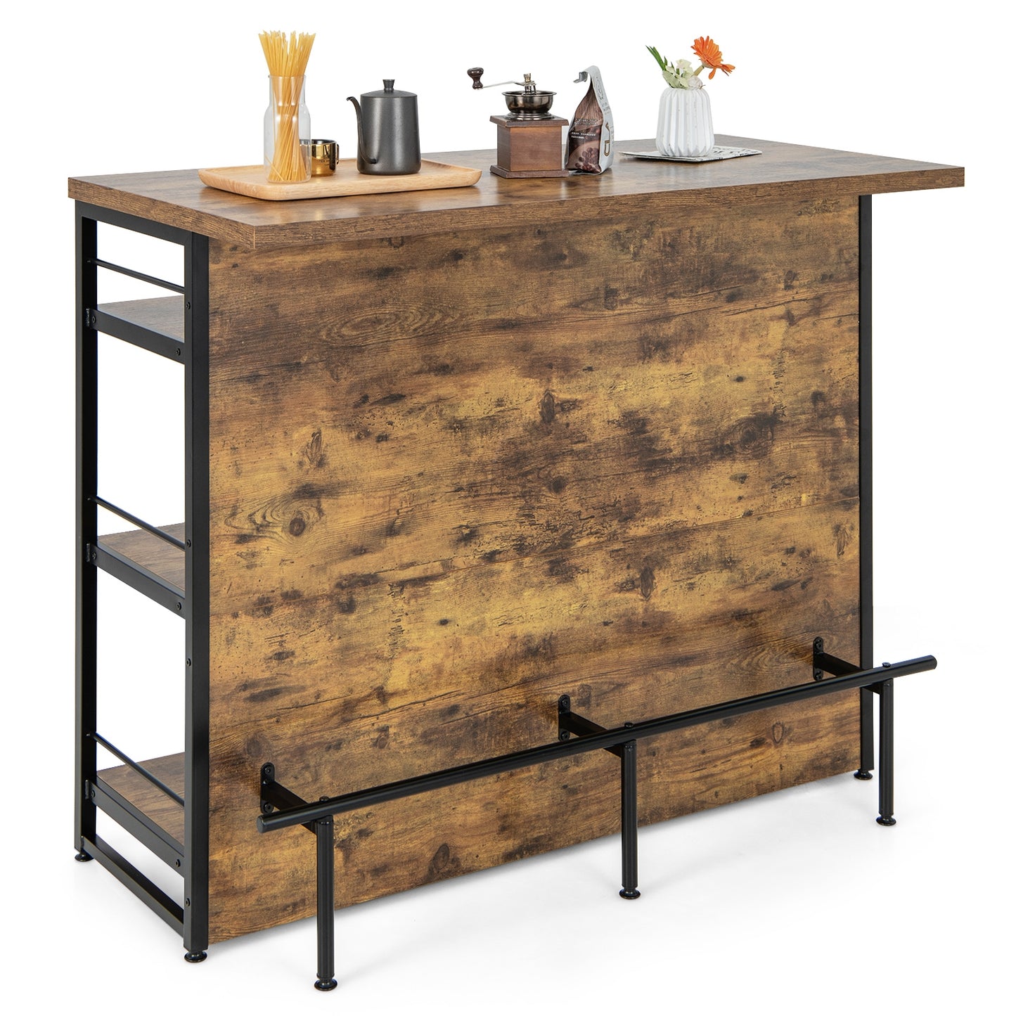 Multi-Level Kitchen Island Table with Wine Rack and Foot Bar - Rustic Brown