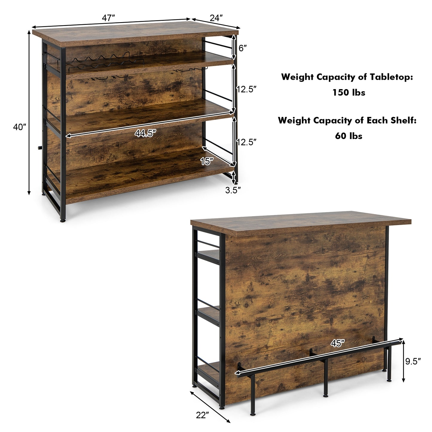Multi-Level Kitchen Island Table with Wine Rack and Foot Bar - Rustic Brown