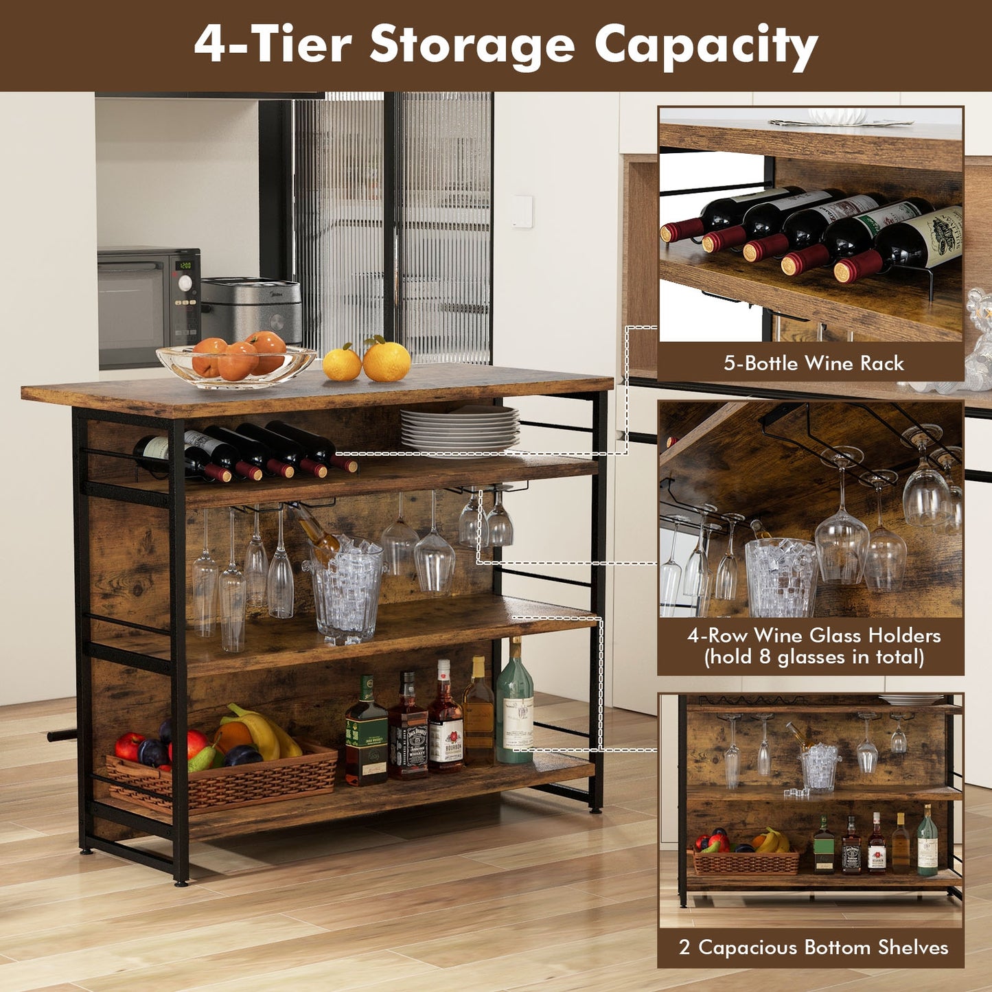 Multi-Level Kitchen Island Table with Wine Rack and Foot Bar - Rustic Brown