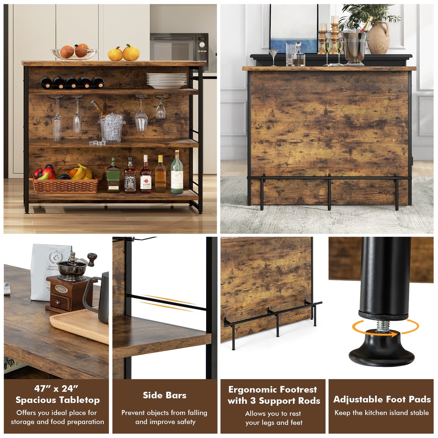Multi-Level Kitchen Island Table with Wine Rack and Foot Bar - Rustic Brown