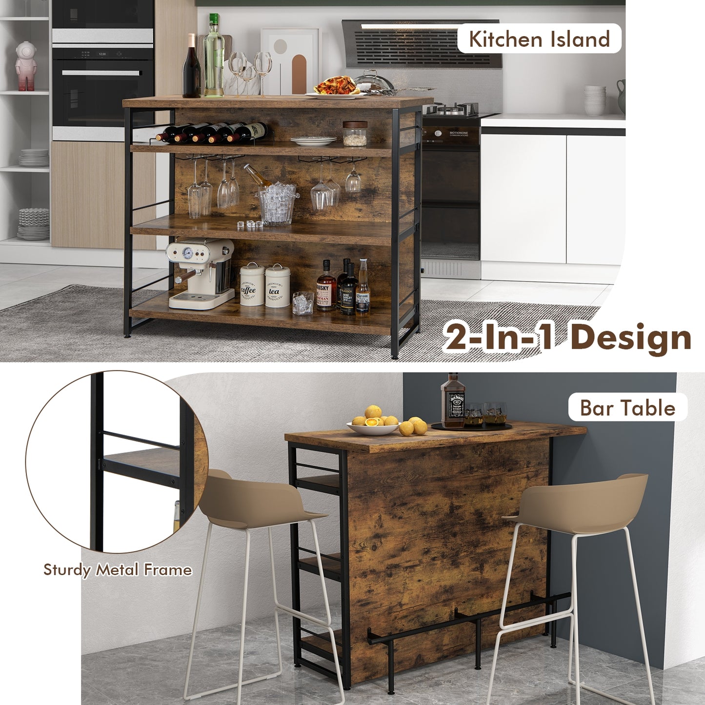 Multi-Level Kitchen Island Table with Wine Rack and Foot Bar - Rustic Brown