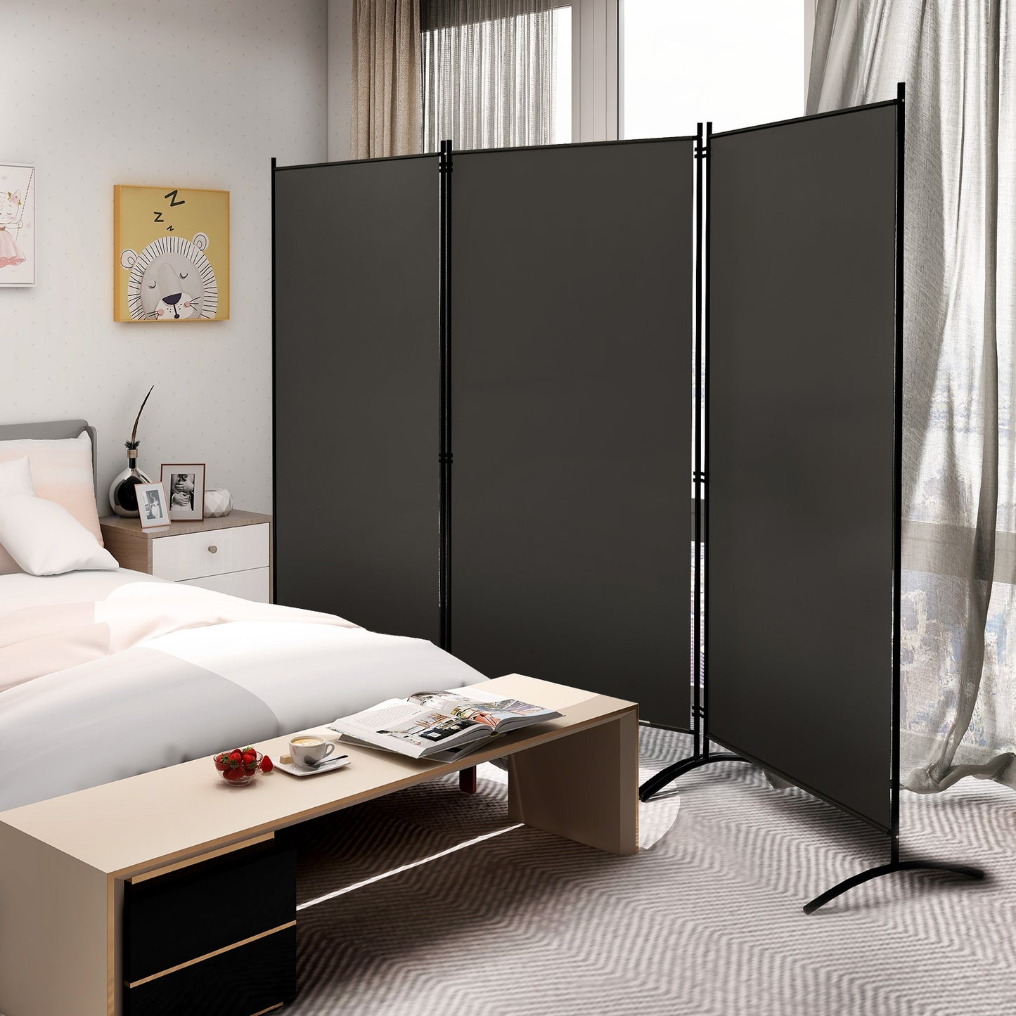 6 Foot 3 Panel Grey Room Divider with Durable Hinges and Steel Base