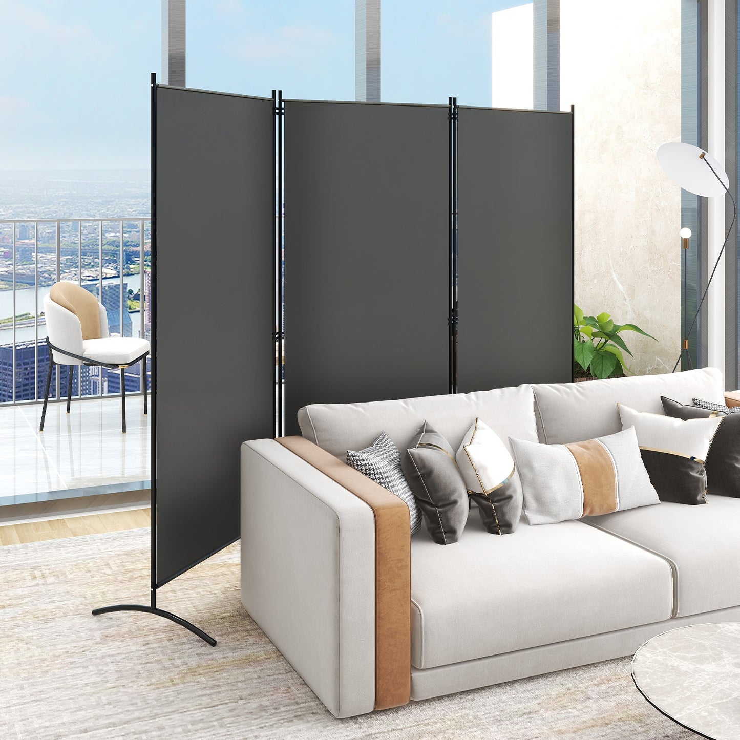 6 Foot 3 Panel Grey Room Divider with Durable Hinges and Steel Base