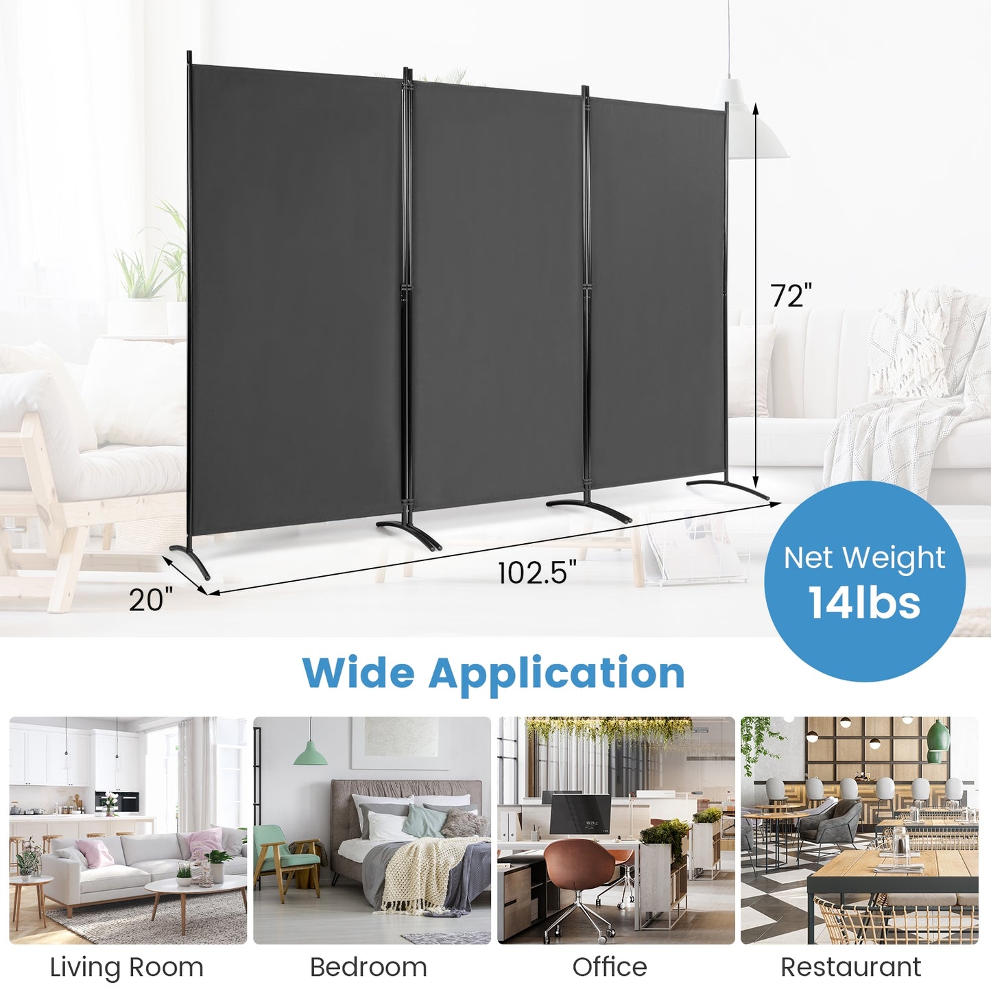 6 Foot 3 Panel Grey Room Divider with Durable Hinges and Steel Base