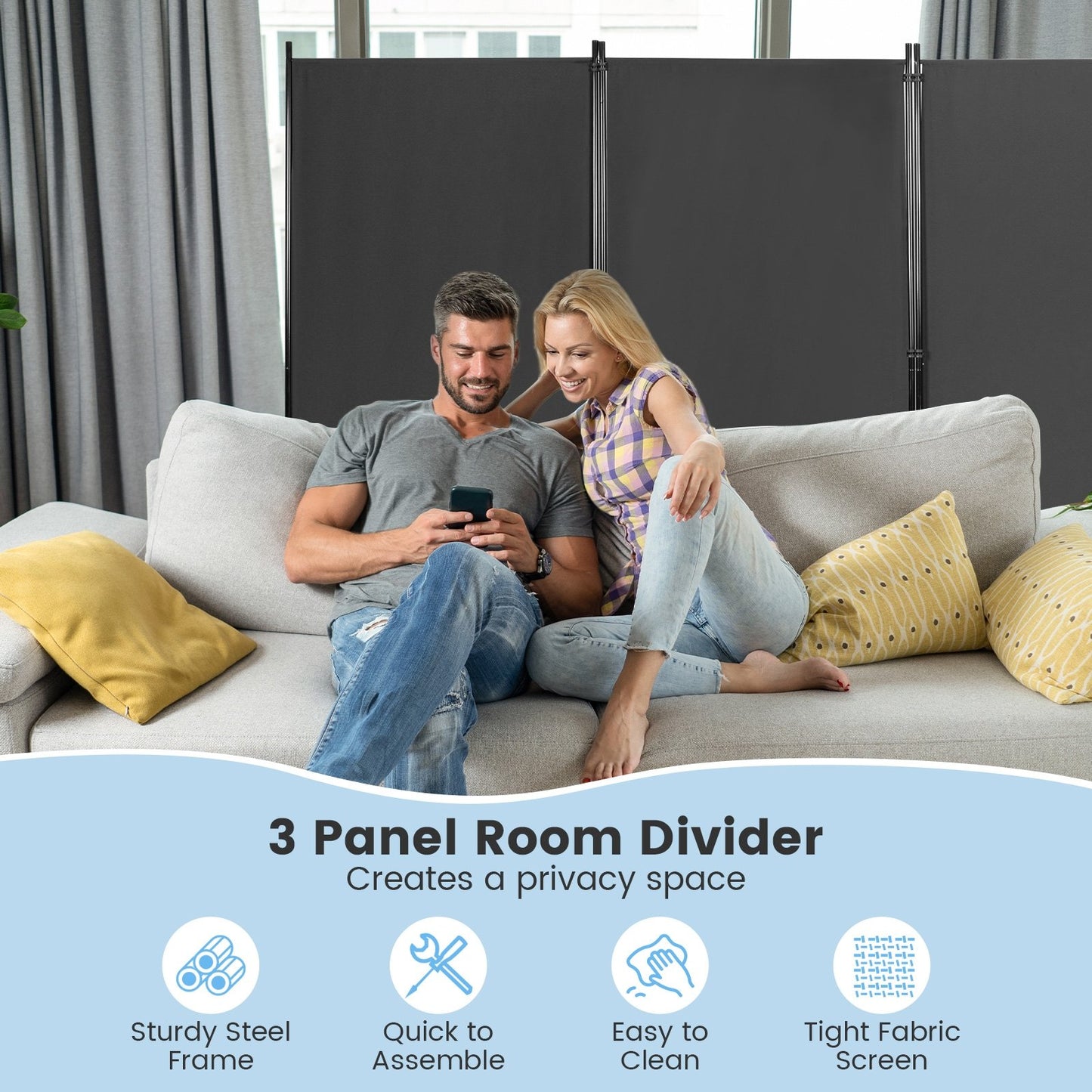 6 Foot 3 Panel Grey Room Divider with Durable Hinges and Steel Base