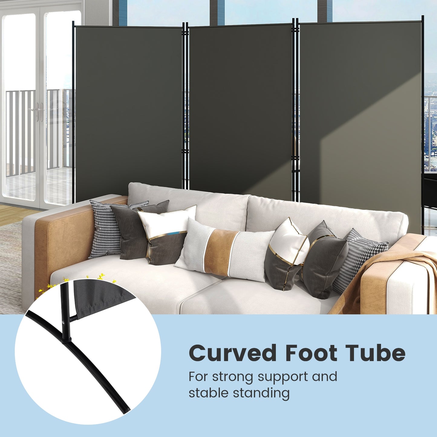 6 Foot 3 Panel Grey Room Divider with Durable Hinges and Steel Base