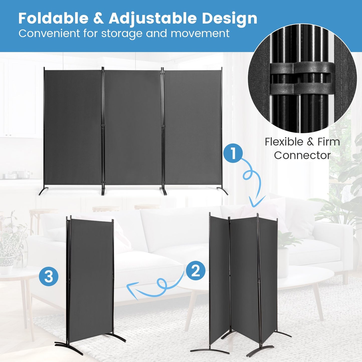 6 Foot 3 Panel Grey Room Divider with Durable Hinges and Steel Base
