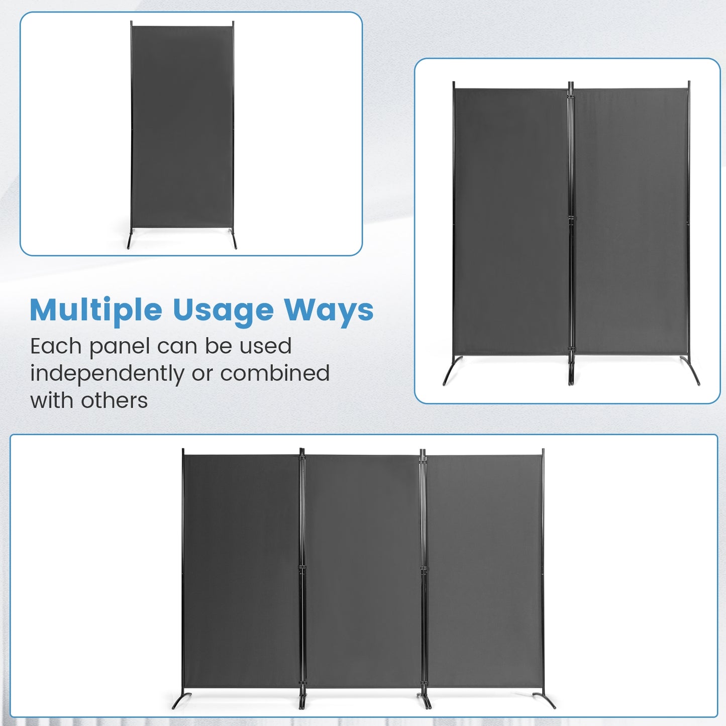 6 Foot 3 Panel Grey Room Divider with Durable Hinges and Steel Base