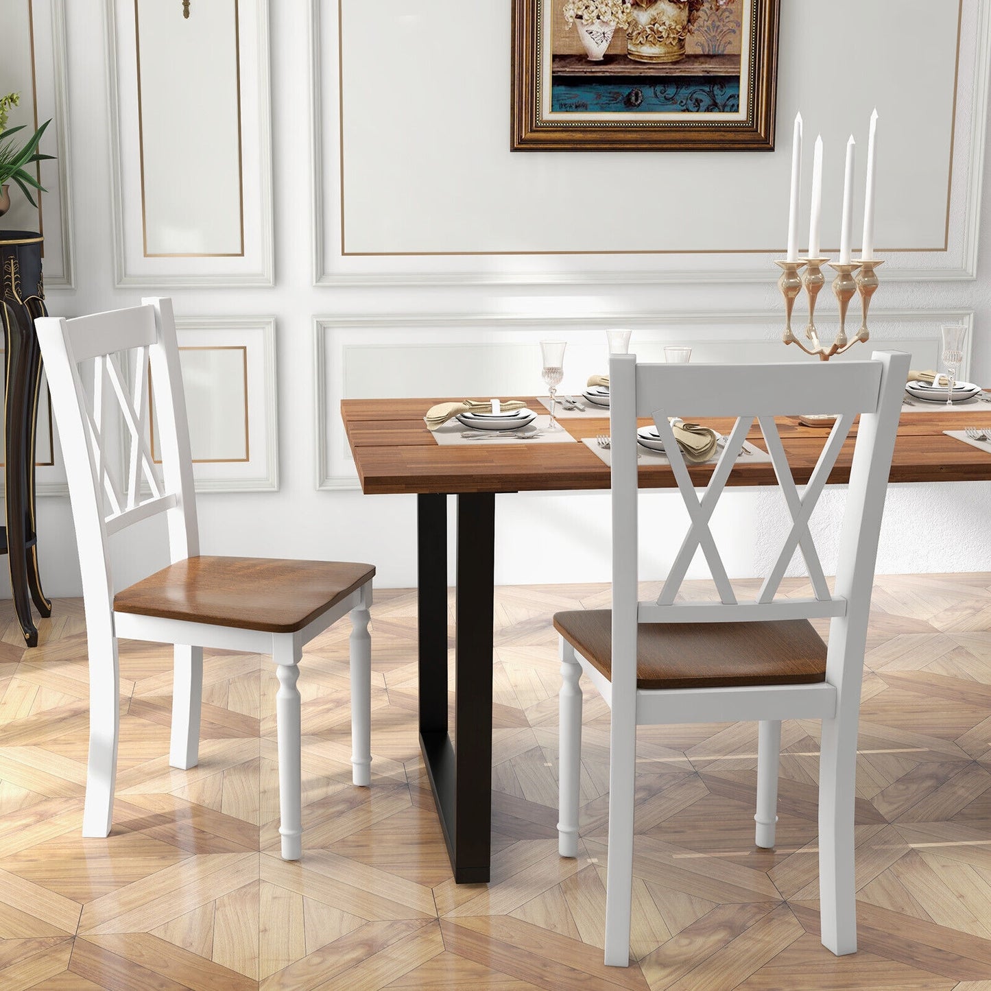 Farmhouse Wooden Dining Chairs with Rubber Wood Seat and Curved Backrest, Set of 2/4