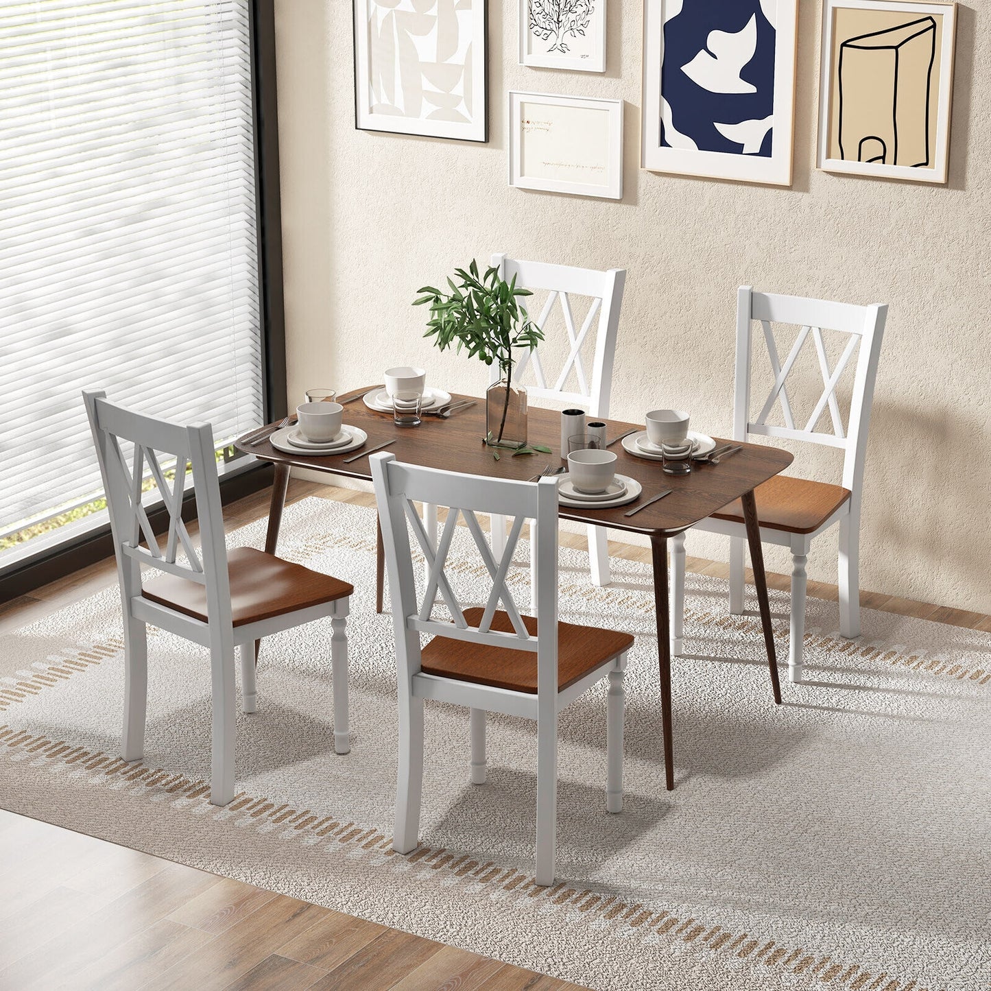 Farmhouse Wooden Dining Chairs with Rubber Wood Seat and Curved Backrest, Set of 2/4