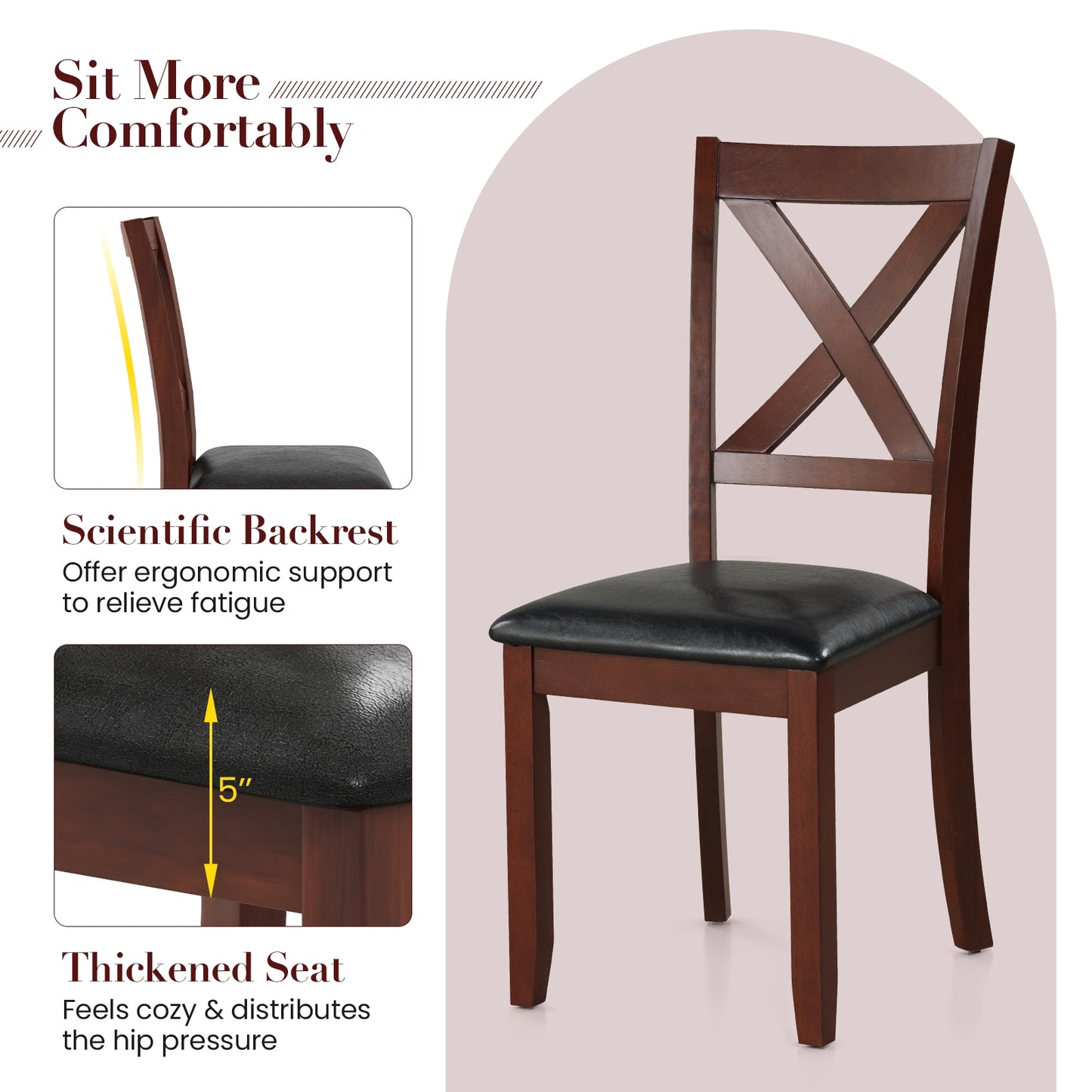 Ergonomic Wooden Dining Chairs with Padded Seat and Rubber Wood Legs, Set of 2