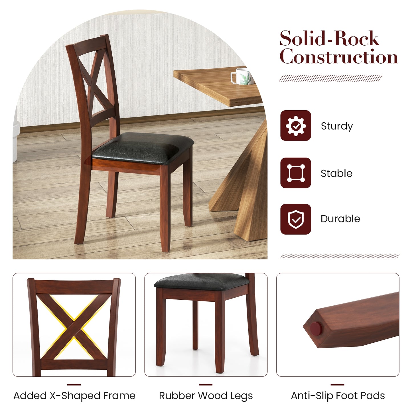Ergonomic Wooden Dining Chairs with Padded Seat and Rubber Wood Legs, Set of 2