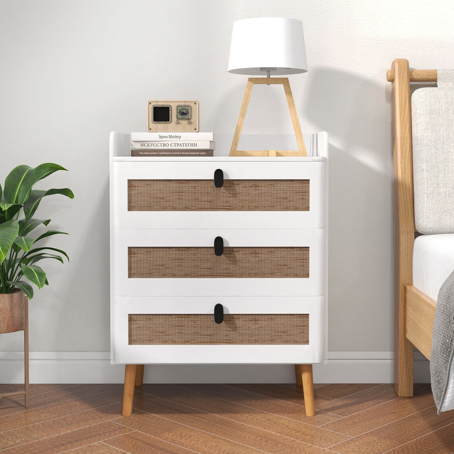 Modern End Table with 3 Rattan-Decorated Drawers for Storage