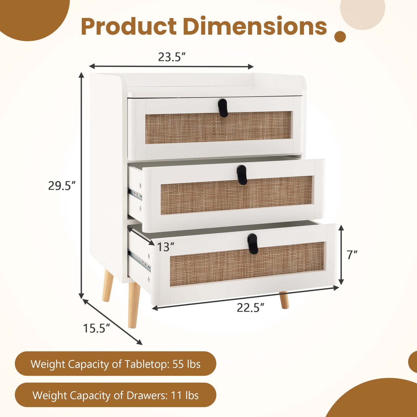 Modern End Table with 3 Rattan-Decorated Drawers for Storage