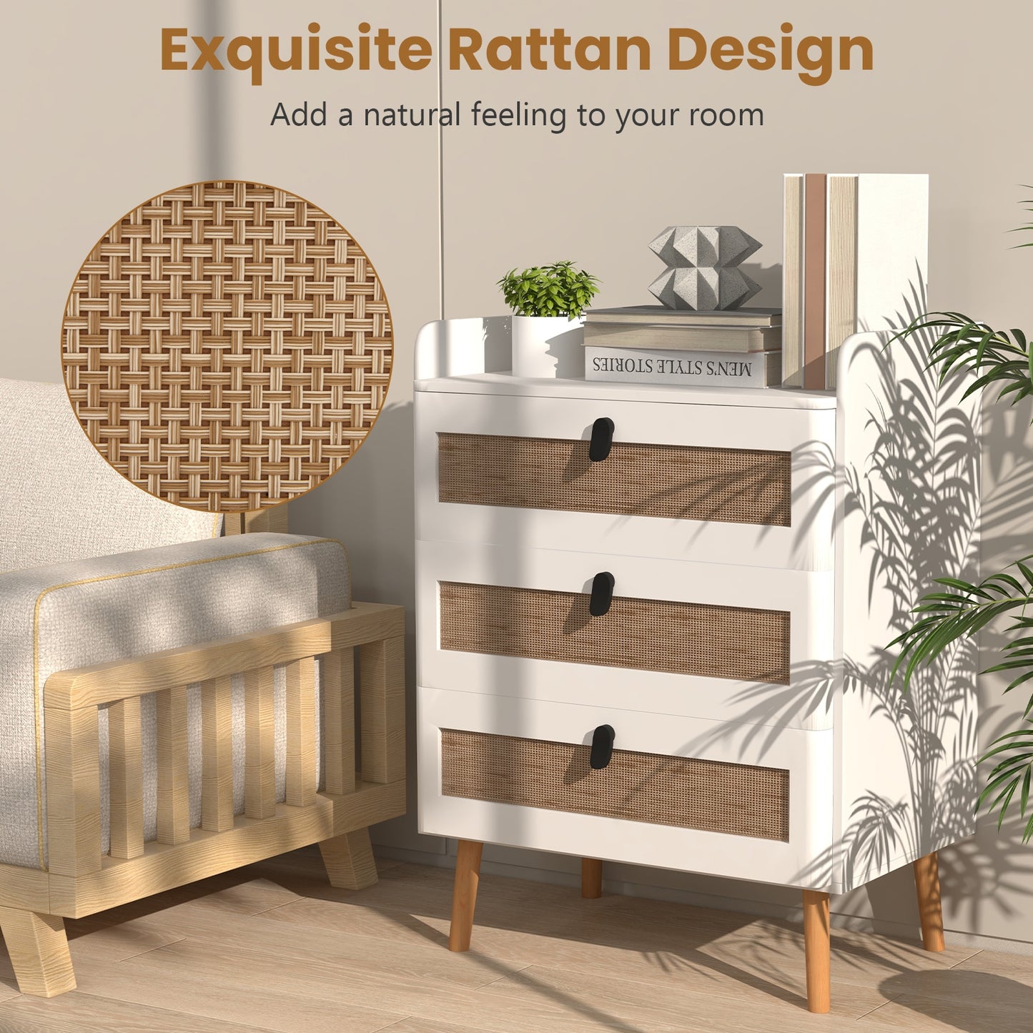 Modern End Table with 3 Rattan-Decorated Drawers for Storage
