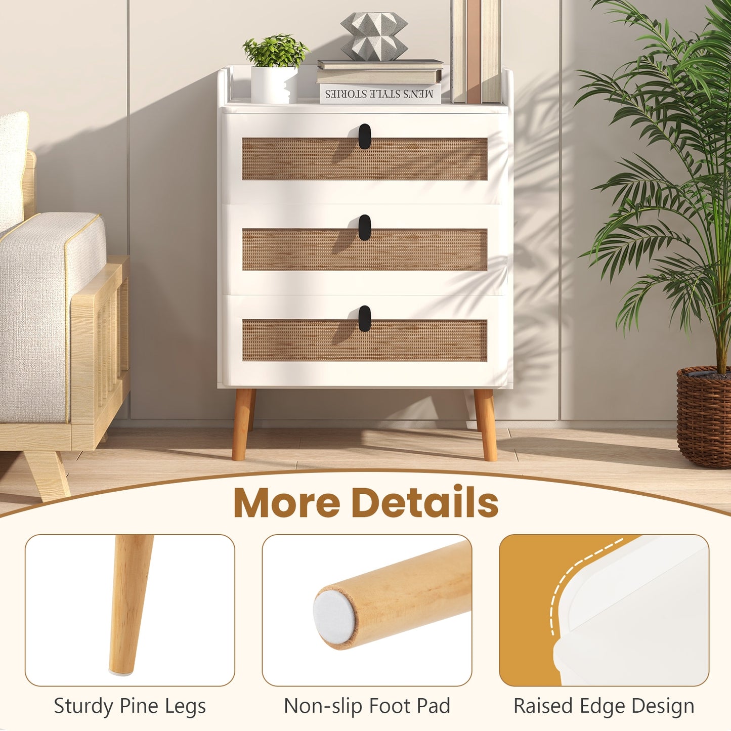 Modern End Table with 3 Rattan-Decorated Drawers for Storage