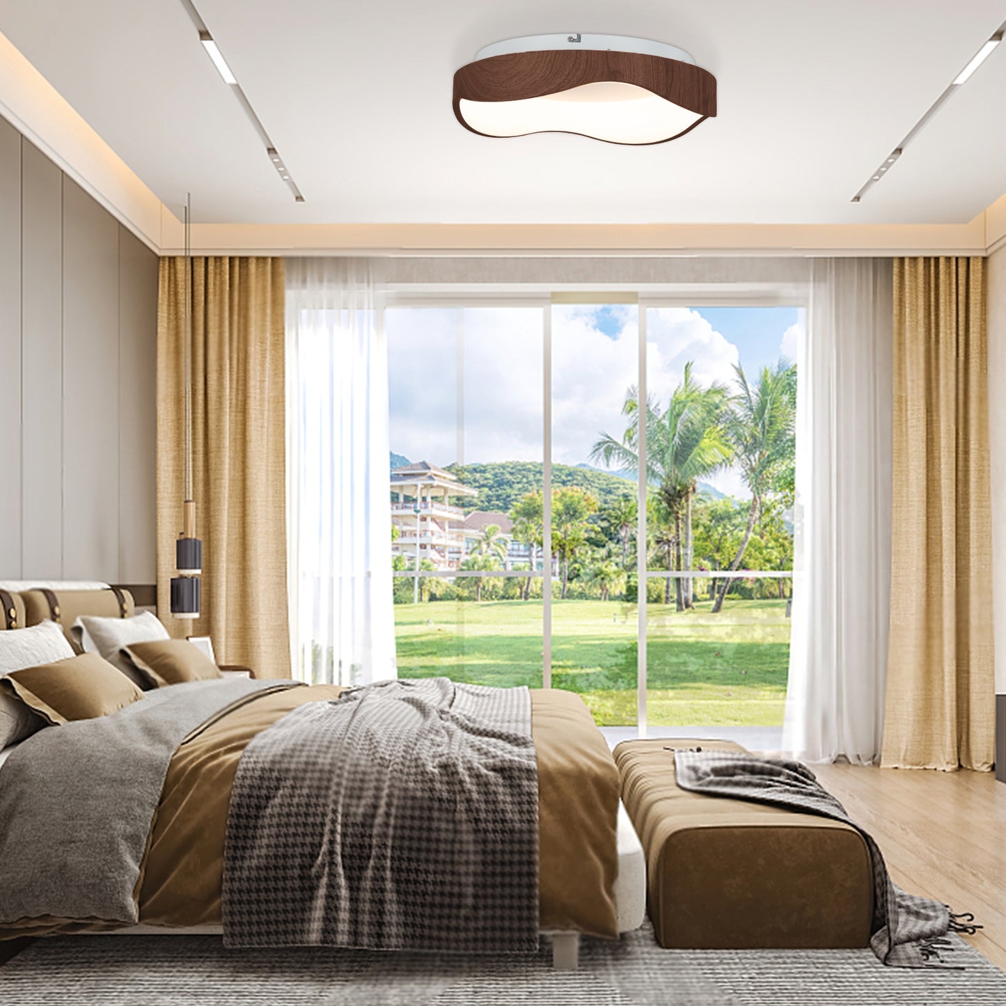 24W LED Mount Ceiling Light with Wood Texture & Metal Frame – Brown