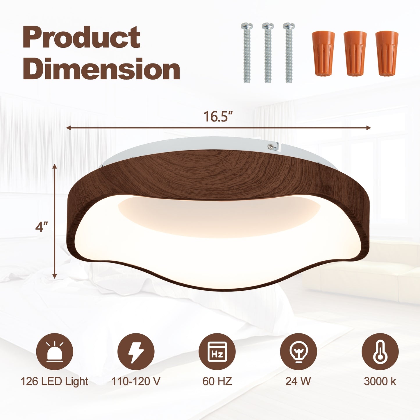 24W LED Mount Ceiling Light with Wood Texture & Metal Frame – Brown