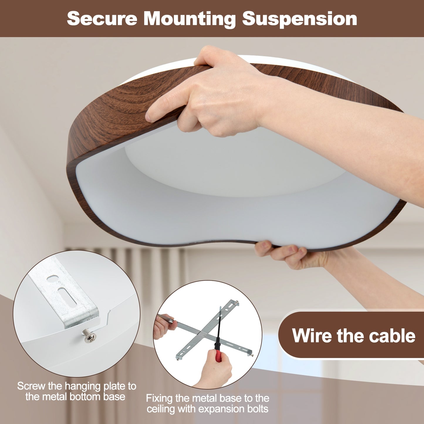 24W LED Mount Ceiling Light with Wood Texture & Metal Frame – Brown