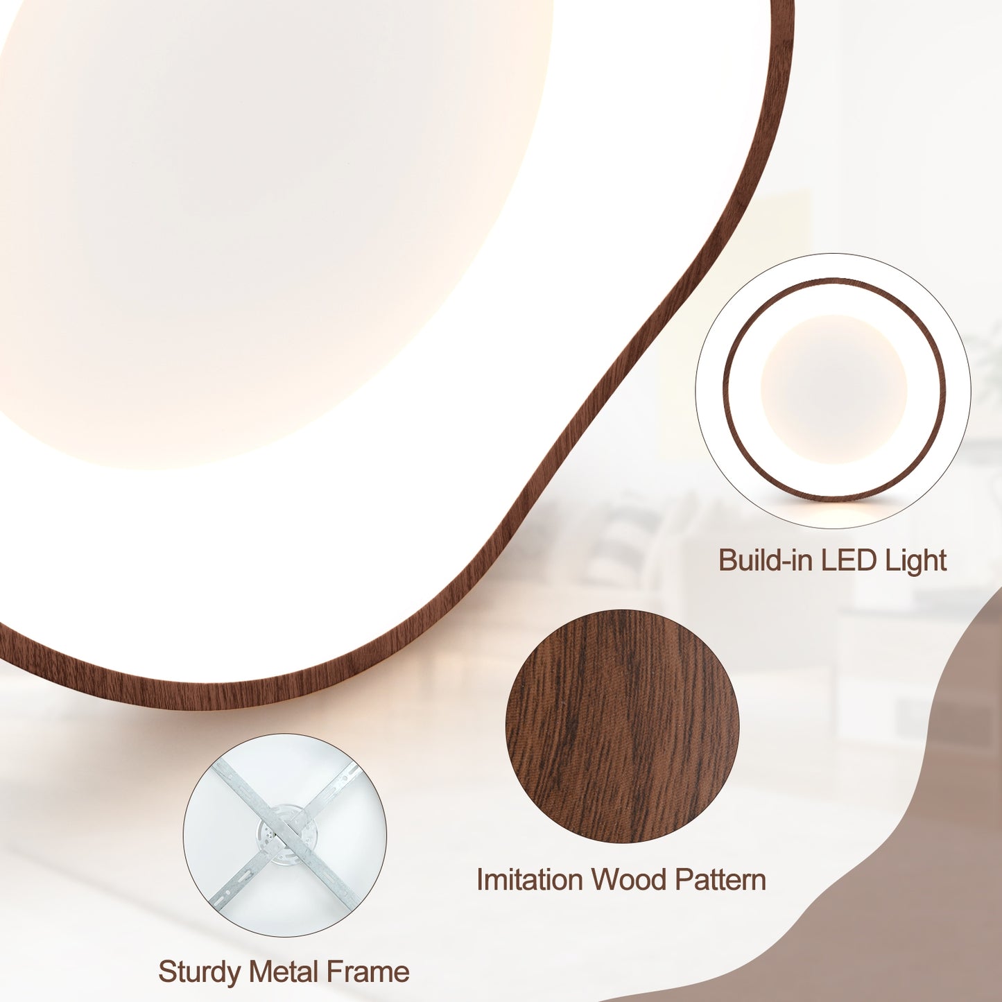 24W LED Mount Ceiling Light with Wood Texture & Metal Frame – Brown