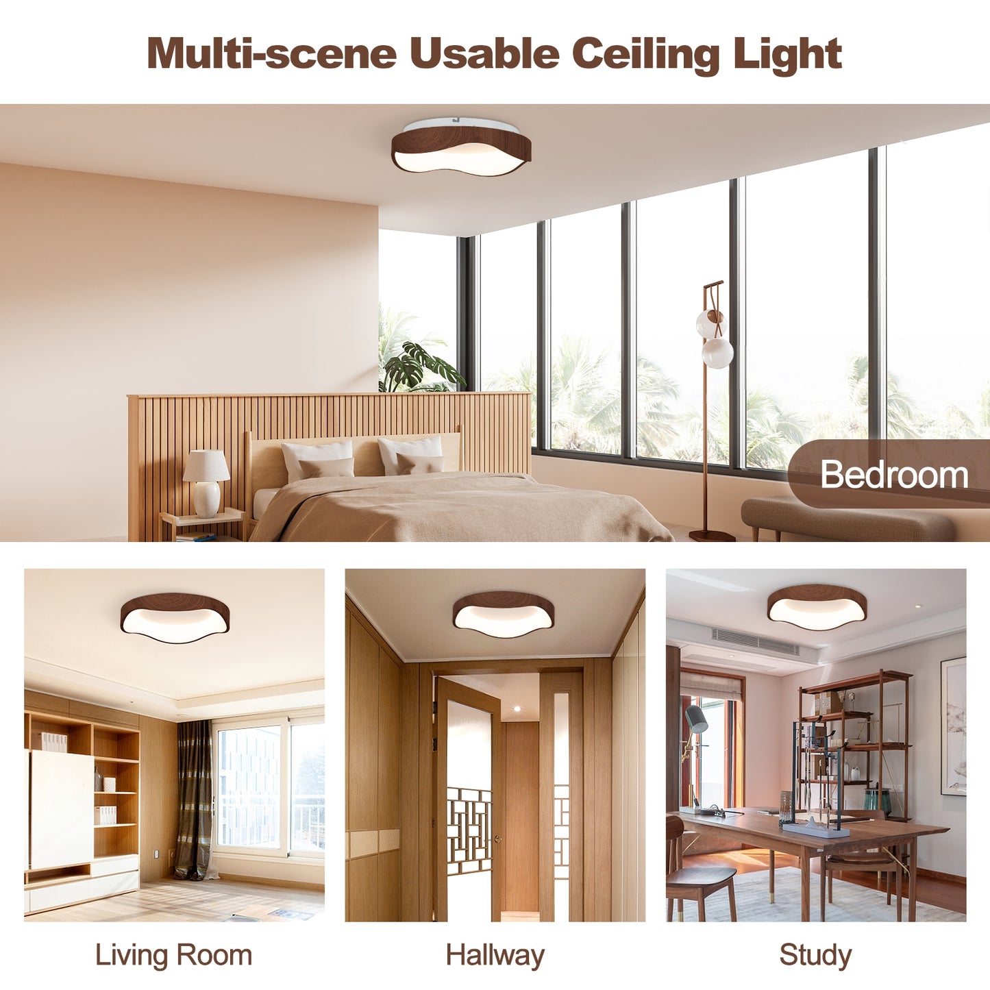 24W LED Mount Ceiling Light with Wood Texture & Metal Frame – Brown