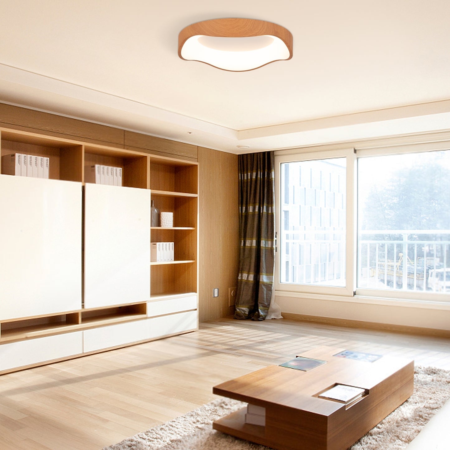 24W LED Mount Ceiling Light with Wood Texture & Metal Frame – Natural