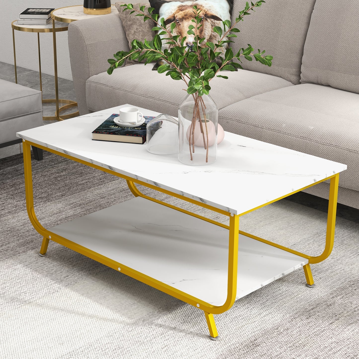 Modern Rectangular Coffee Table with Faux Marble Top and Two-Tier Metal Frame