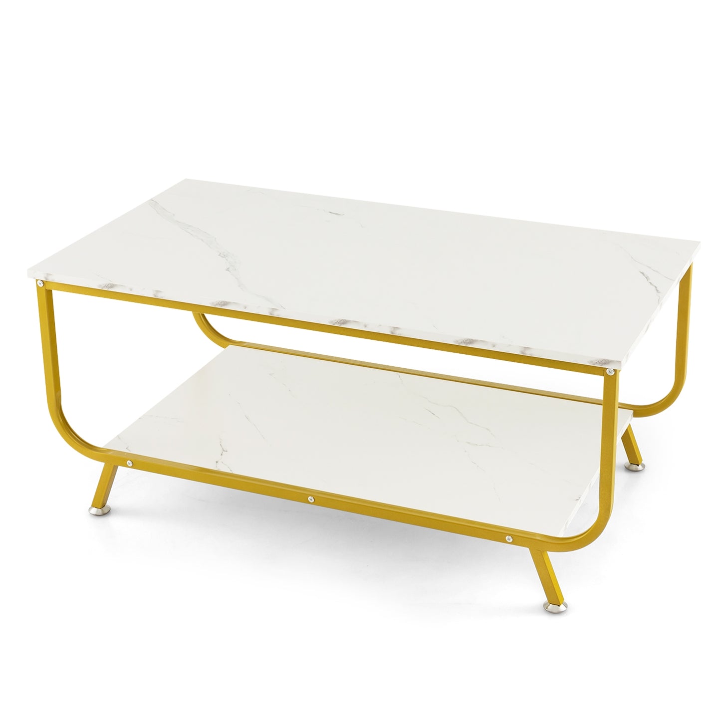 Modern Rectangular Coffee Table with Faux Marble Top and Two-Tier Metal Frame