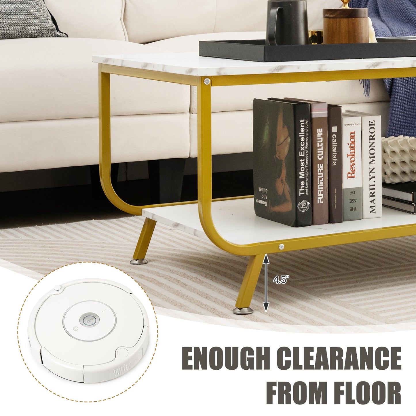 Modern Rectangular Coffee Table with Faux Marble Top and Two-Tier Metal Frame