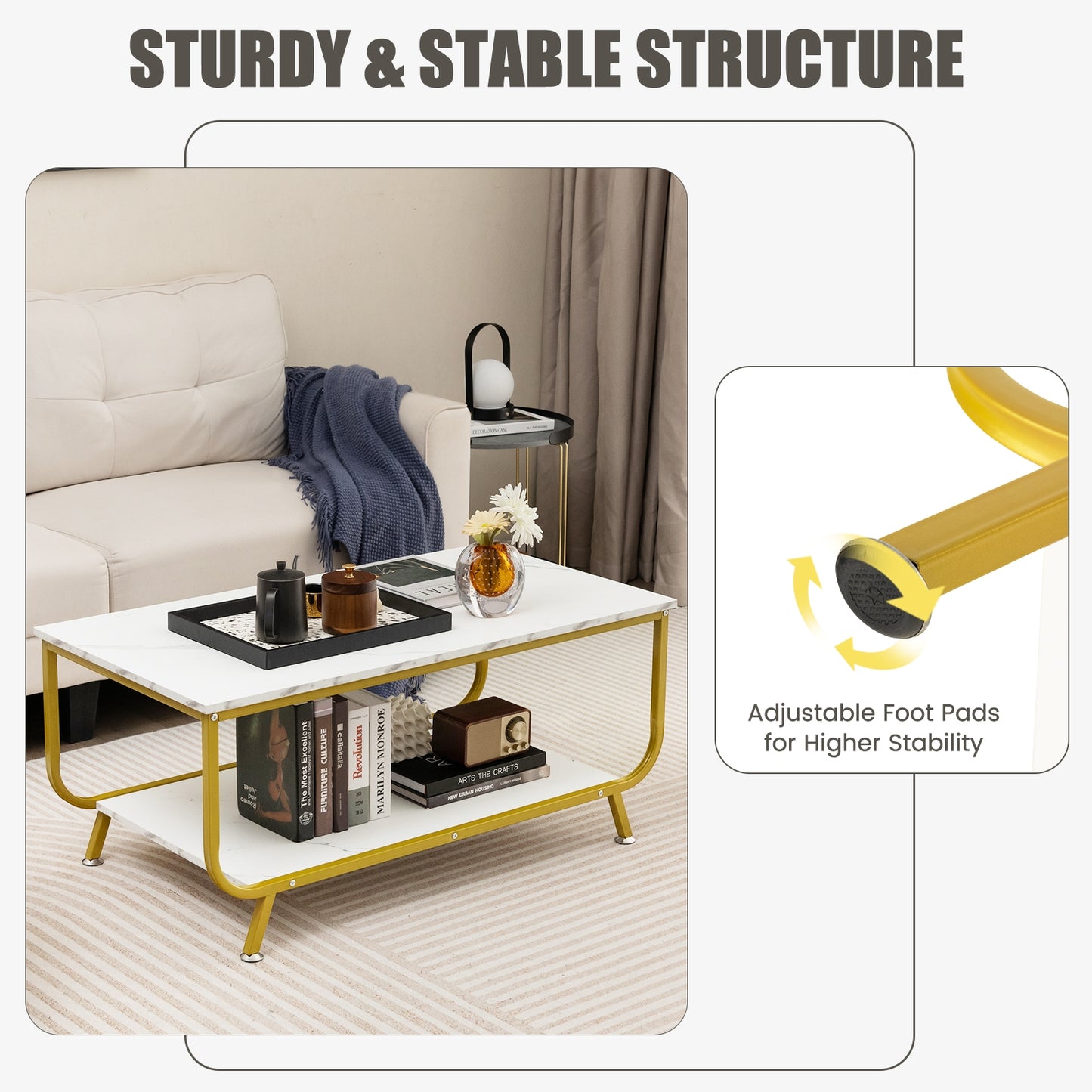 Modern Rectangular Coffee Table with Faux Marble Top and Two-Tier Metal Frame