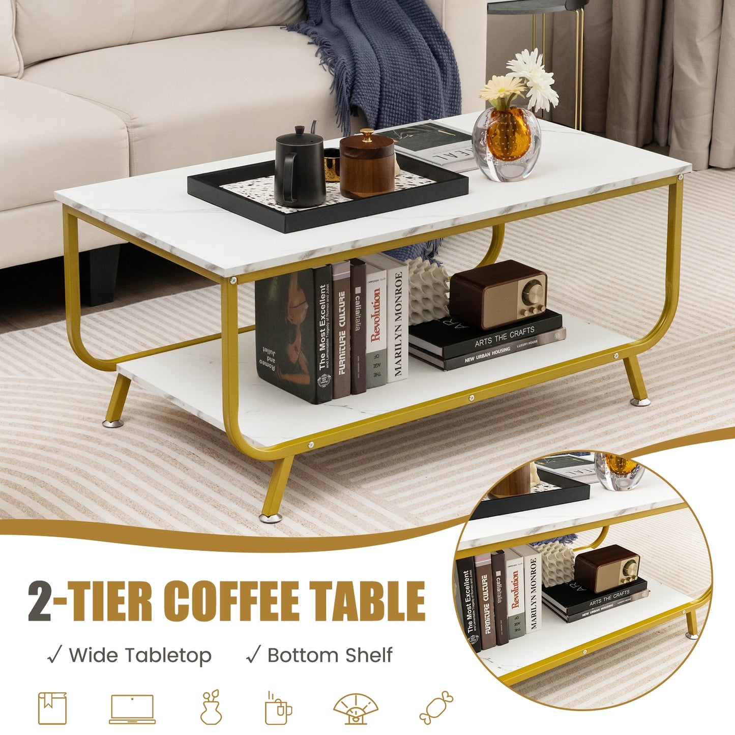 Modern Rectangular Coffee Table with Faux Marble Top and Two-Tier Metal Frame