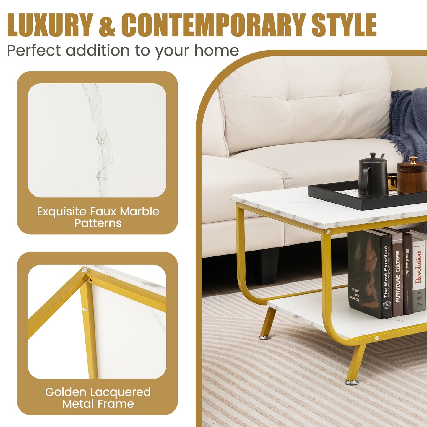 Modern Rectangular Coffee Table with Faux Marble Top and Two-Tier Metal Frame