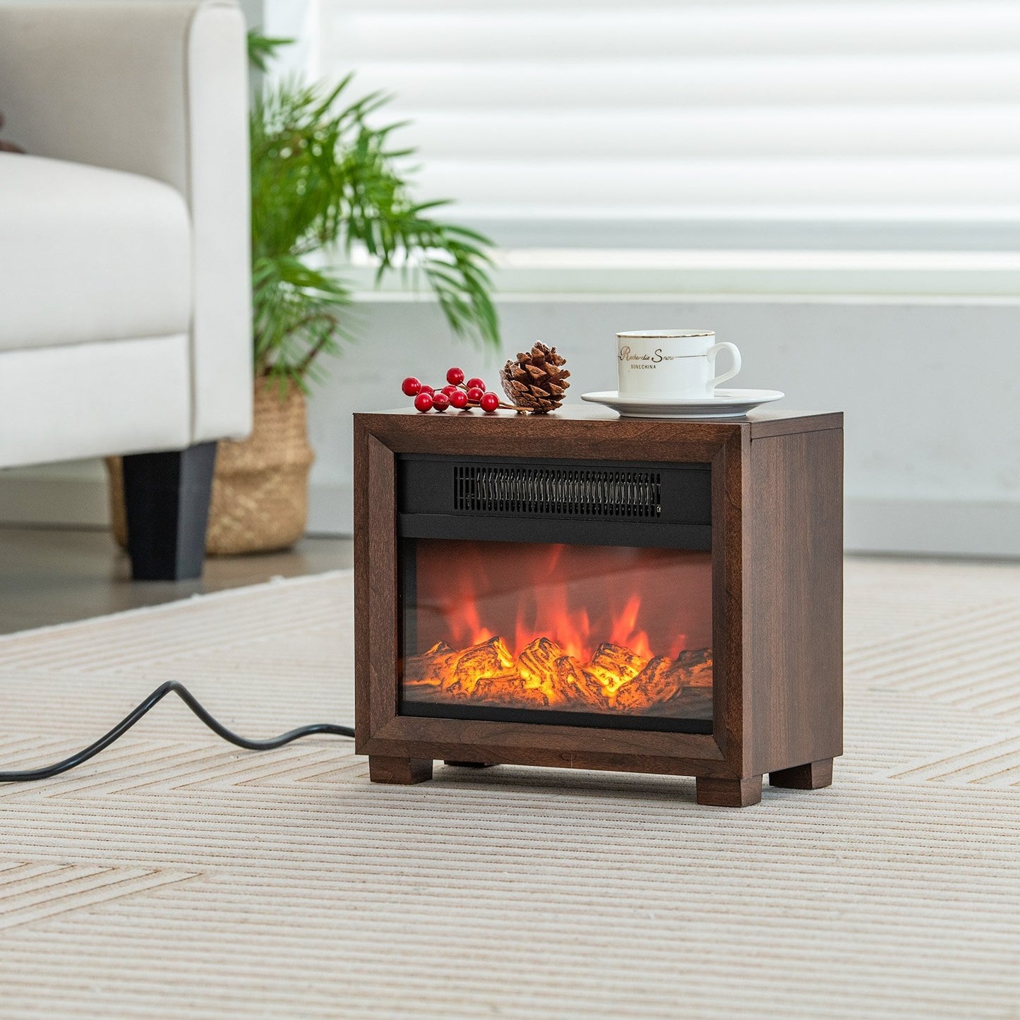 Compact Wooden Tabletop Fireplace with Realistic Flame Effect