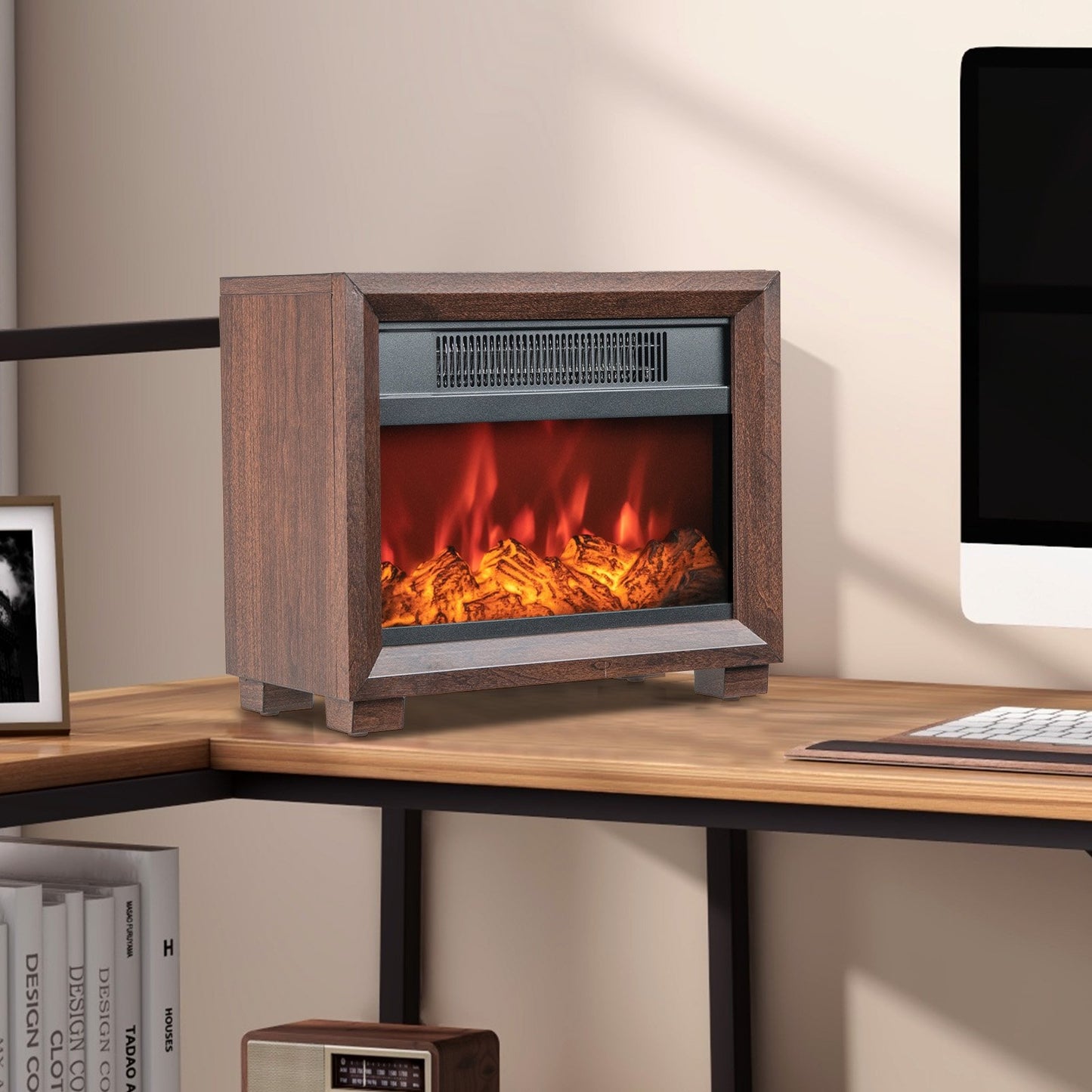 Compact Wooden Tabletop Fireplace with Realistic Flame Effect