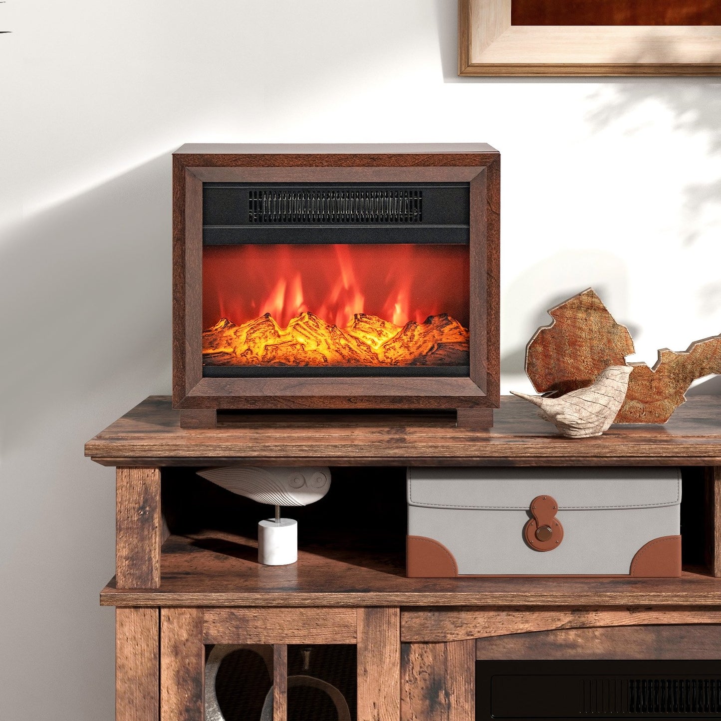 Compact Wooden Tabletop Fireplace with Realistic Flame Effect