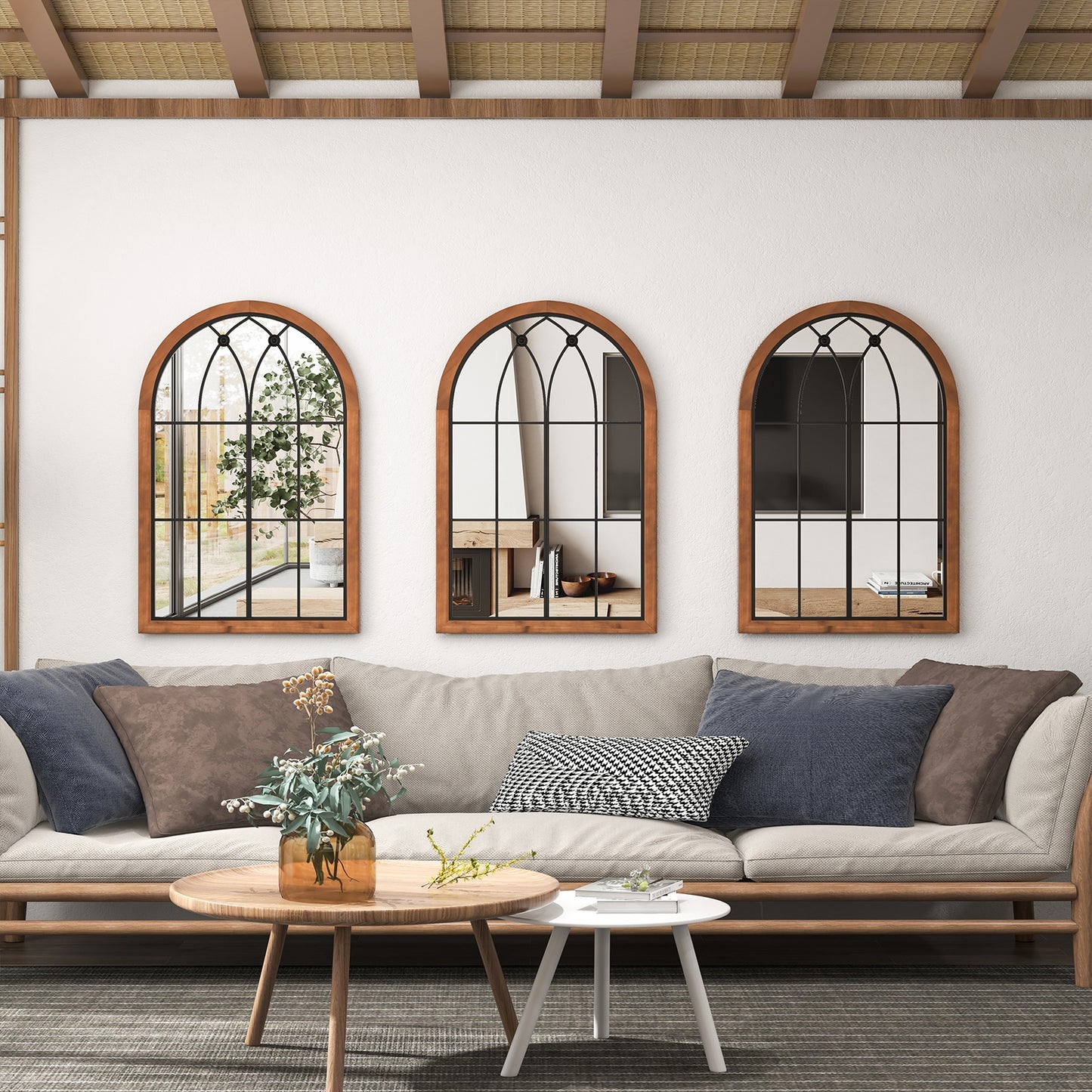 Arched Window Design Wall Mirror with Sturdy Backboard