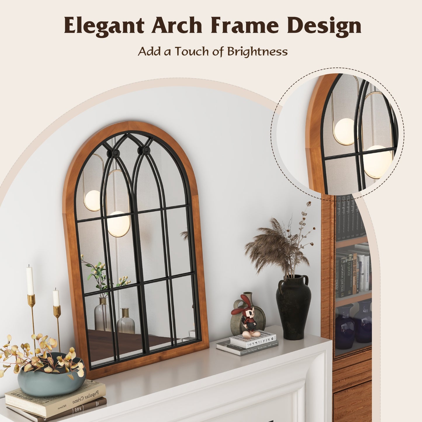 Arched Window Design Wall Mirror with Sturdy Backboard