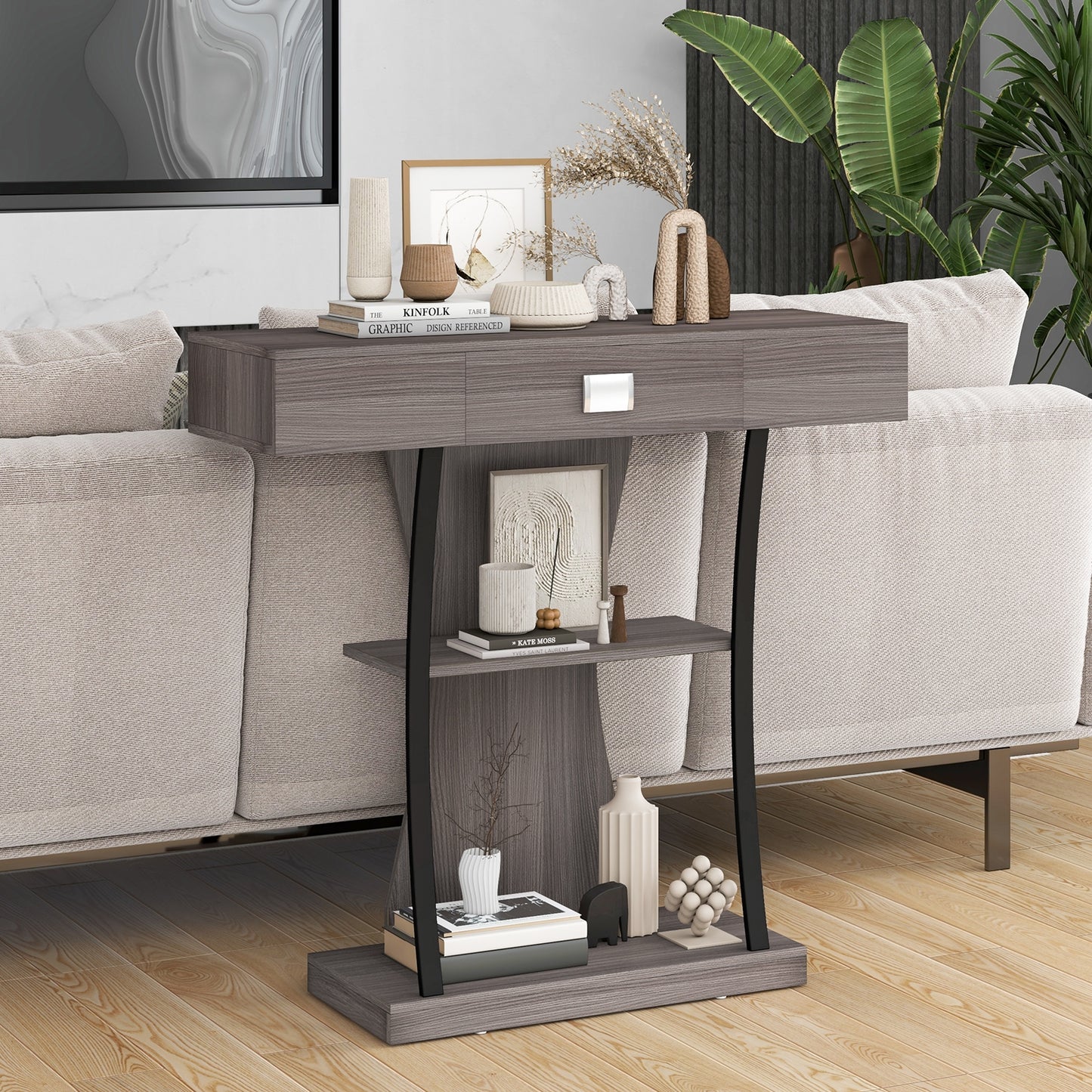 Entryway Console Table with Drawer and 2-Tier Shelves, Modern Accent Furniture, Grey