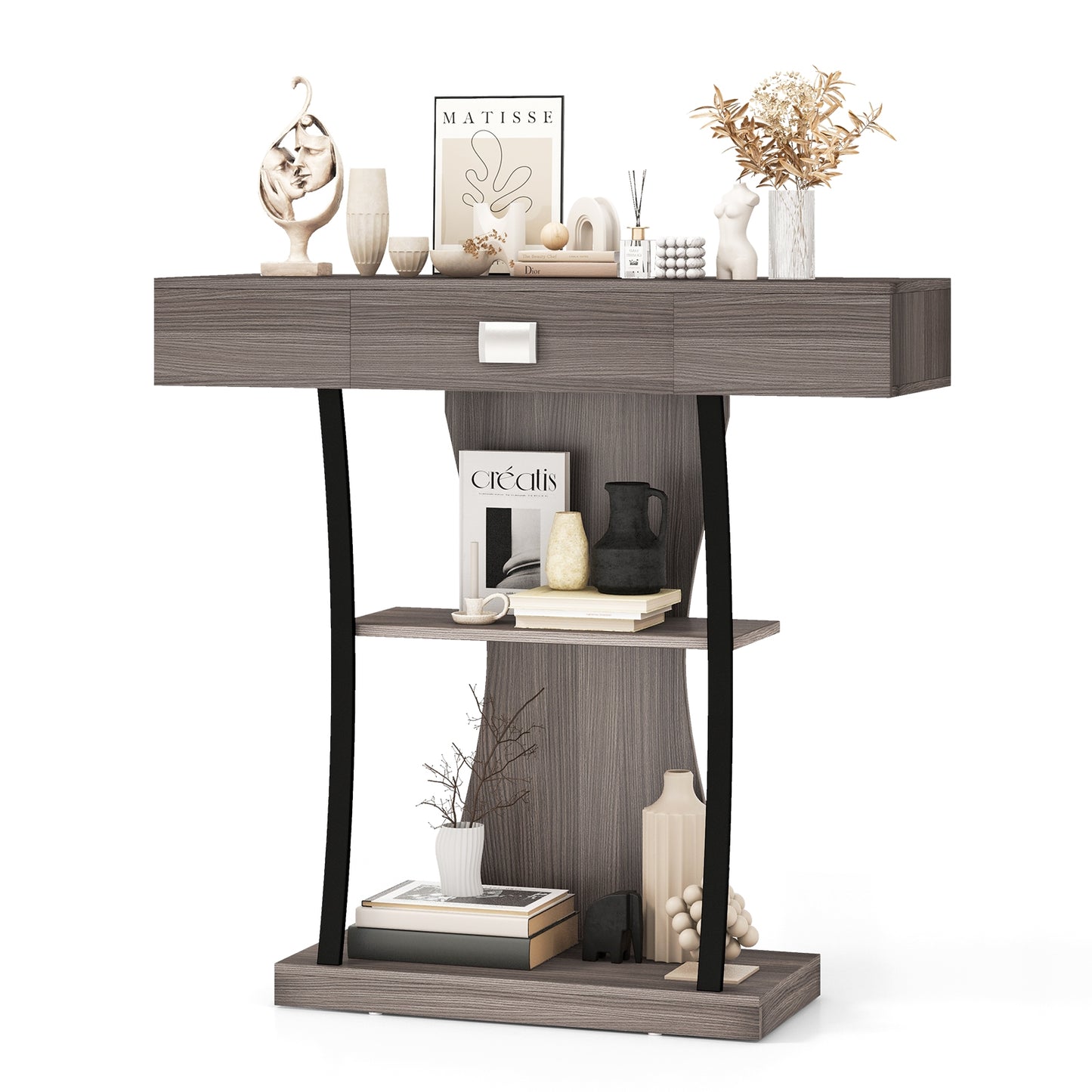 Entryway Console Table with Drawer and 2-Tier Shelves, Modern Accent Furniture, Grey