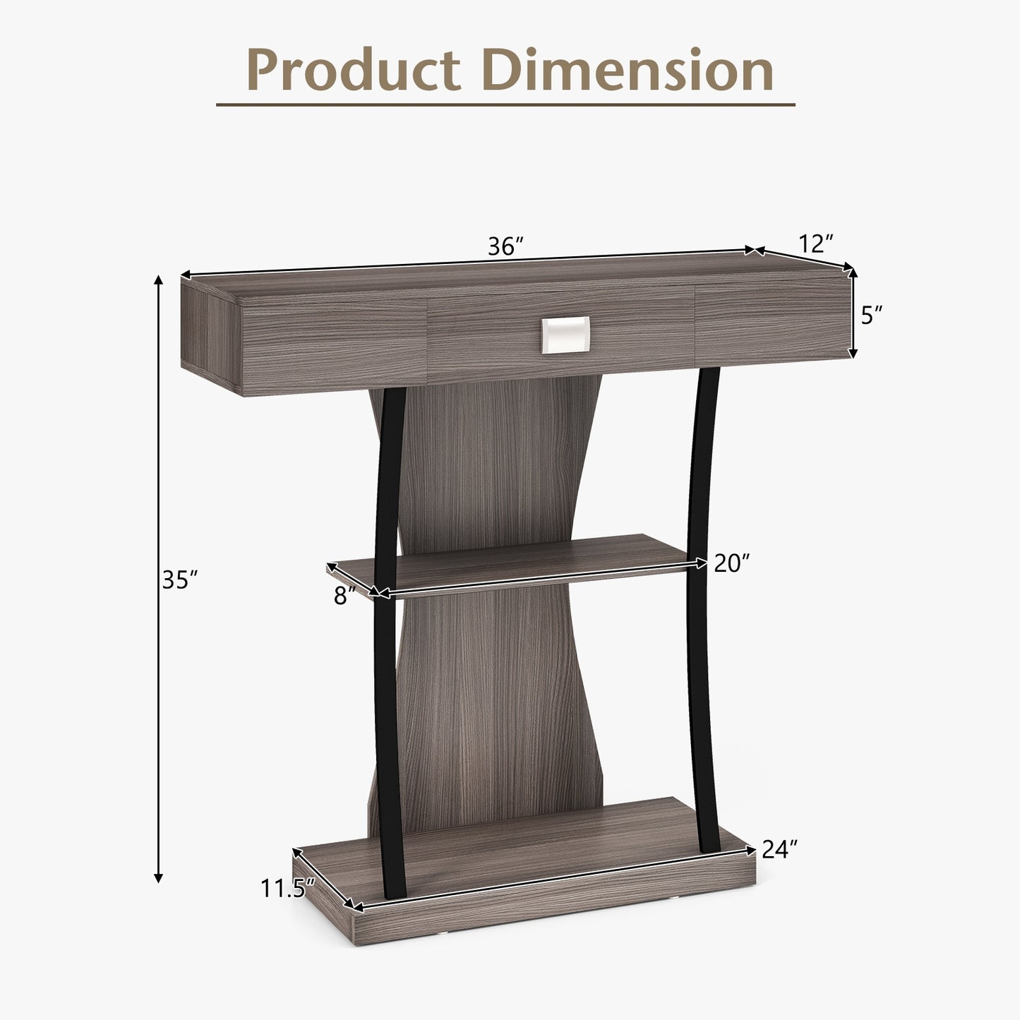 Entryway Console Table with Drawer and 2-Tier Shelves, Modern Accent Furniture, Grey