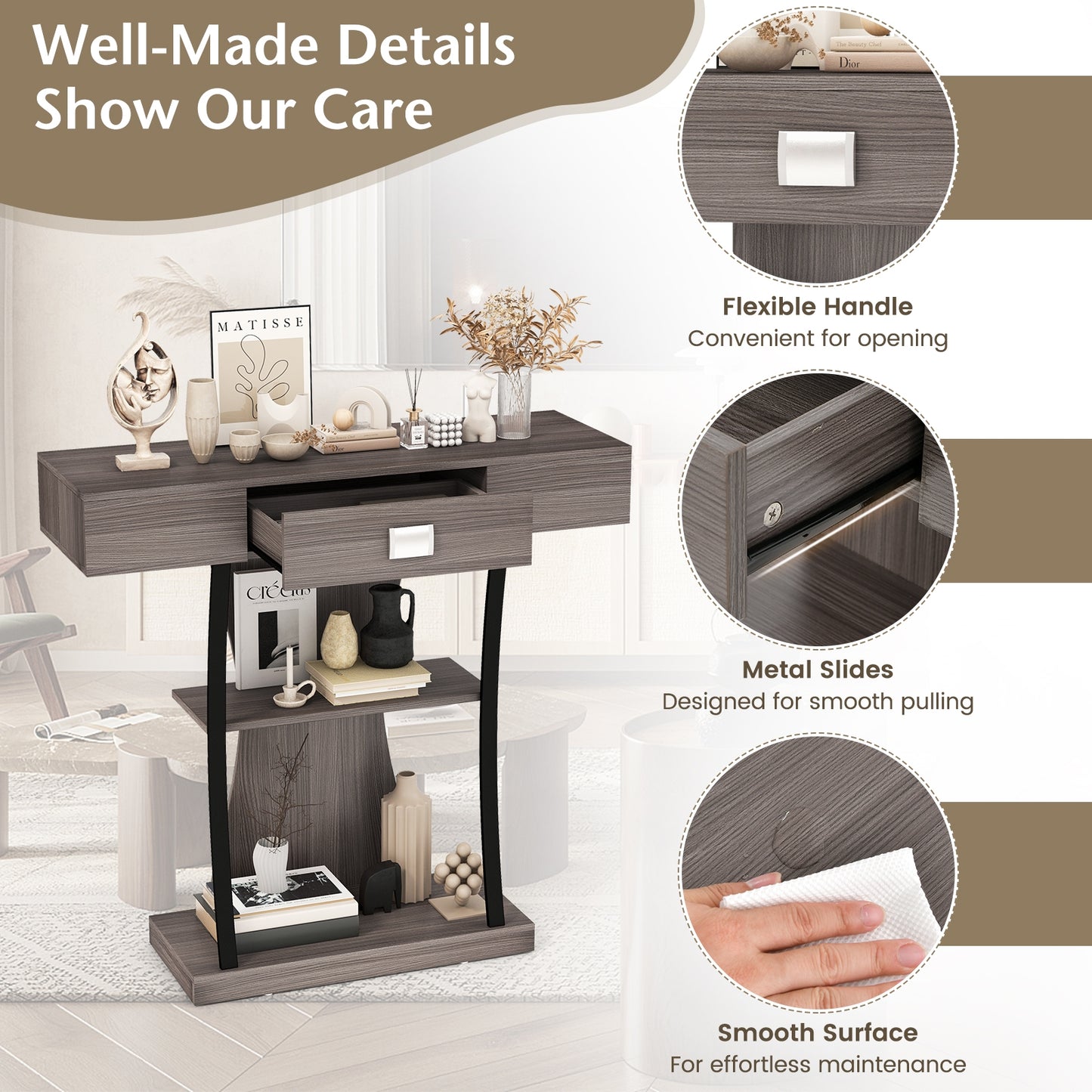 Entryway Console Table with Drawer and 2-Tier Shelves, Modern Accent Furniture, Grey