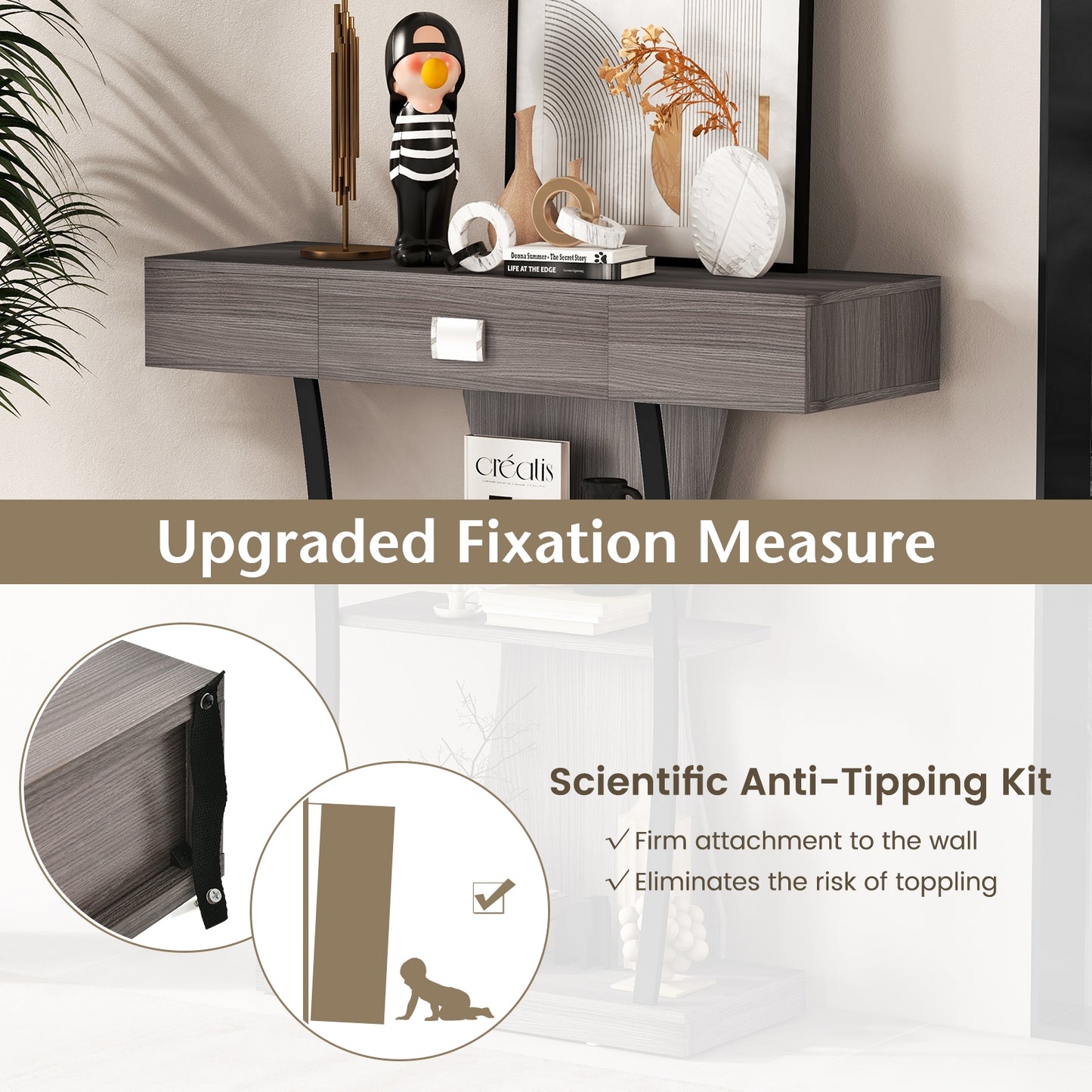 Entryway Console Table with Drawer and 2-Tier Shelves, Modern Accent Furniture, Grey