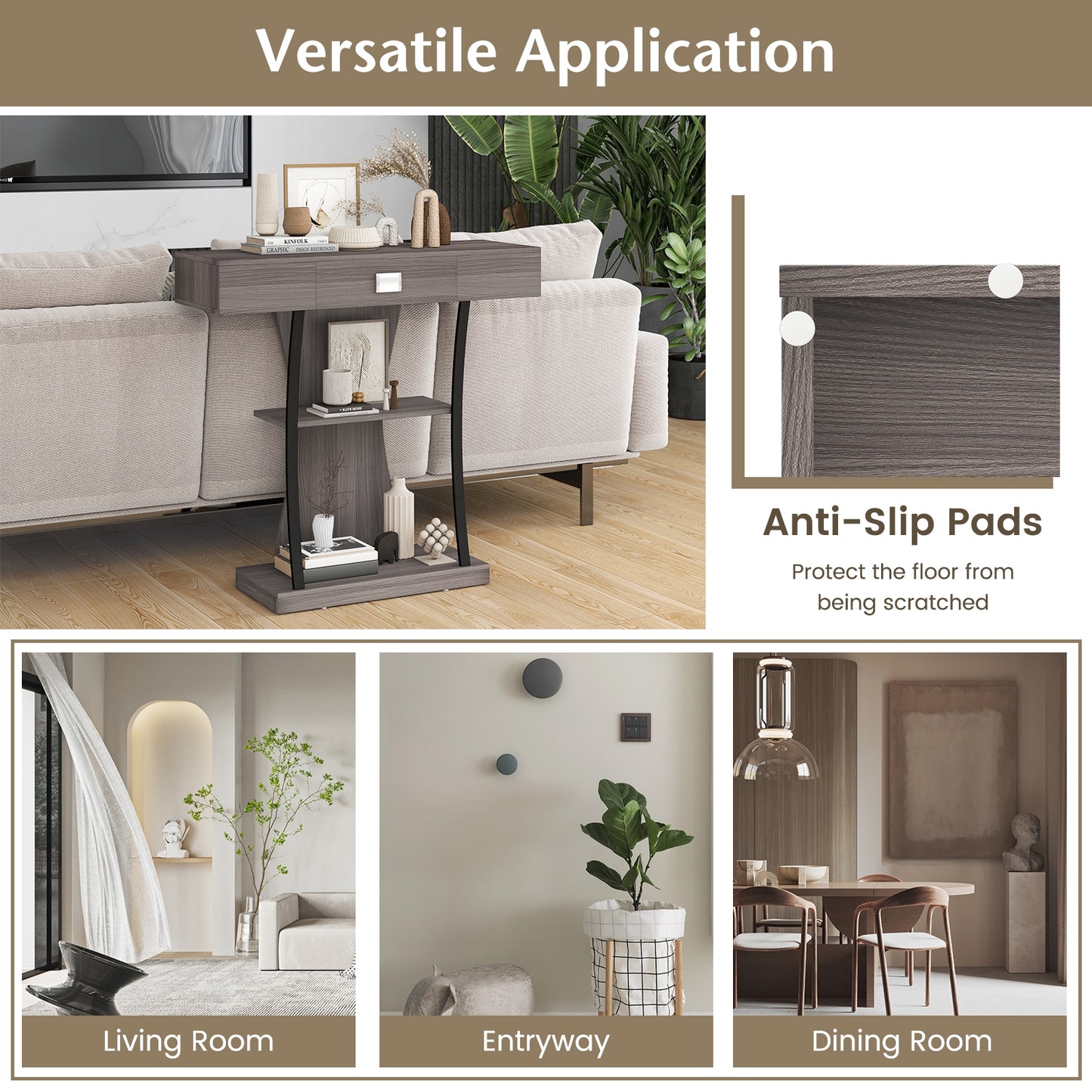 Entryway Console Table with Drawer and 2-Tier Shelves, Modern Accent Furniture, Grey