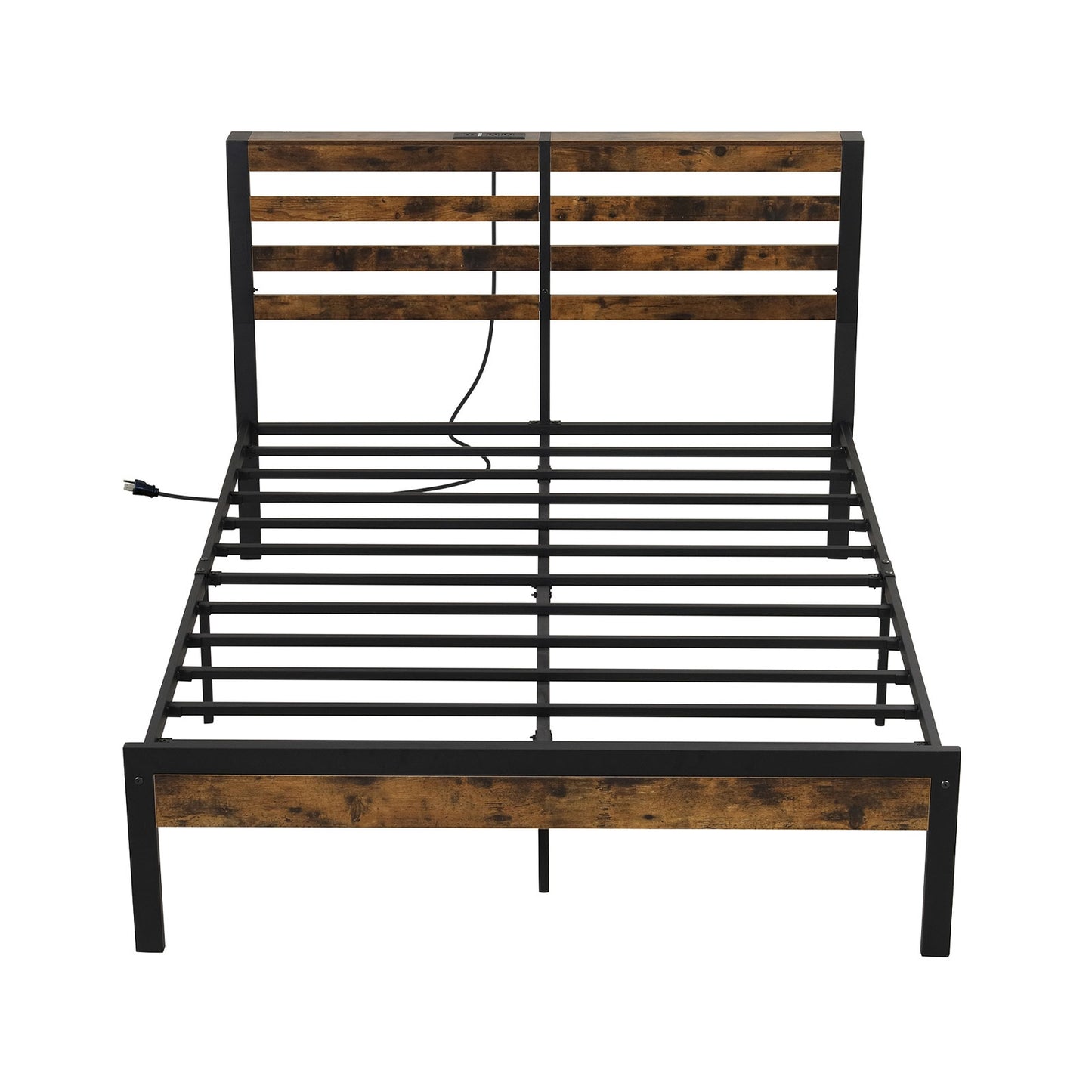 Rustic Brown Metal Platform Bed Frame with Storage Headboard and Built-in Charging Station - Full Size