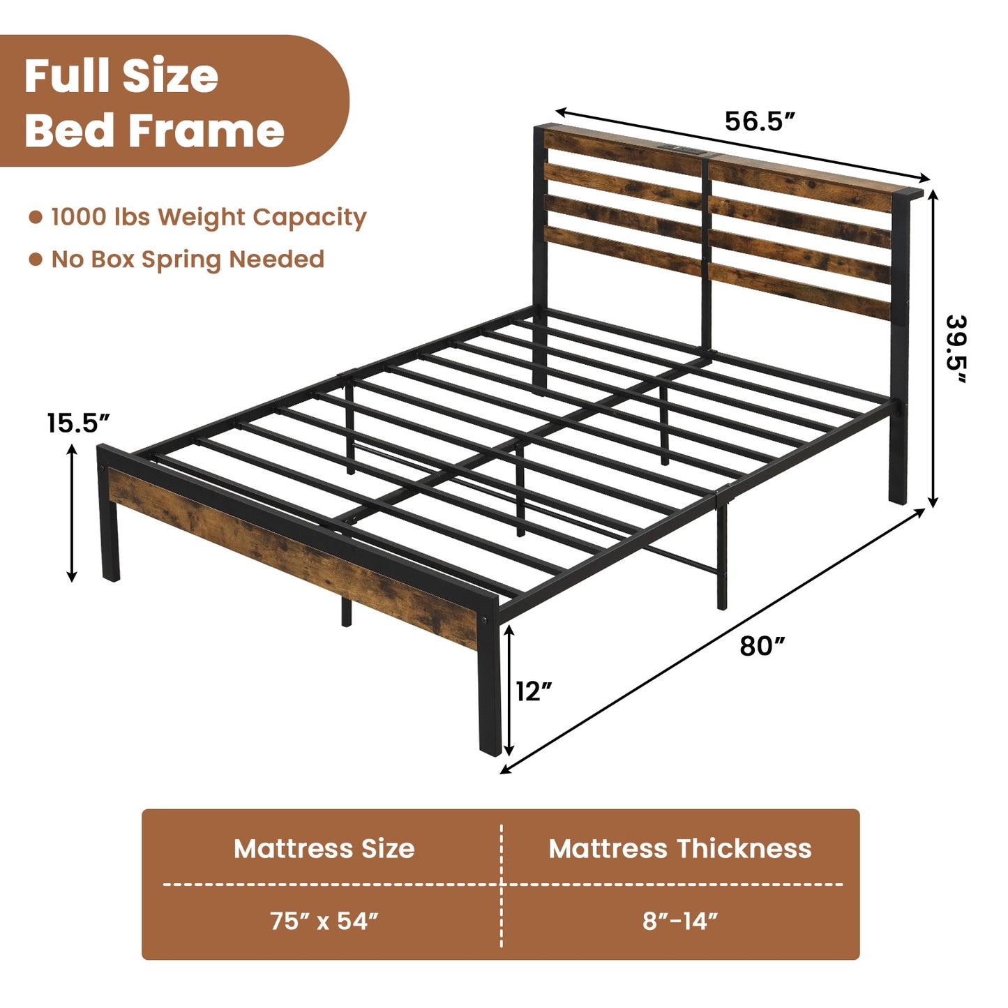 Rustic Brown Metal Platform Bed Frame with Storage Headboard and Built-in Charging Station - Full Size