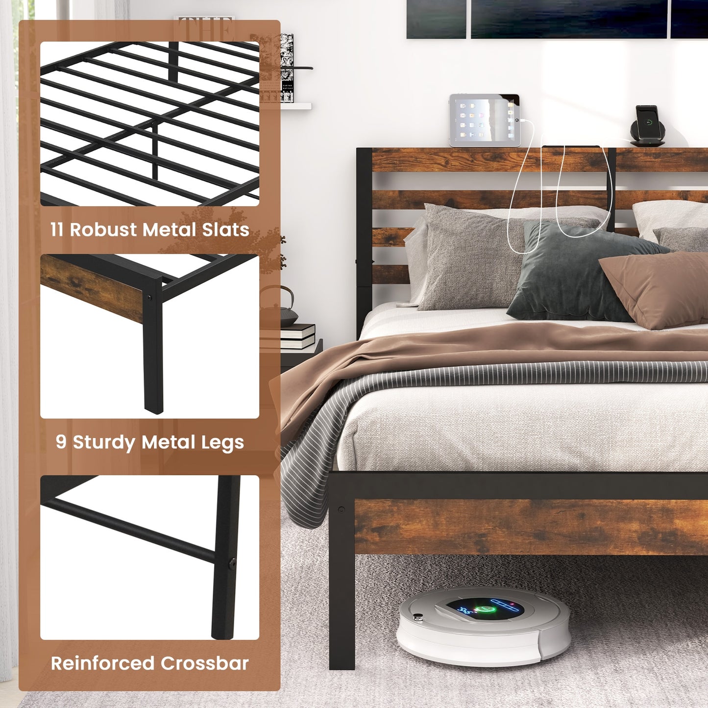Rustic Brown Metal Platform Bed Frame with Storage Headboard and Built-in Charging Station - Full Size