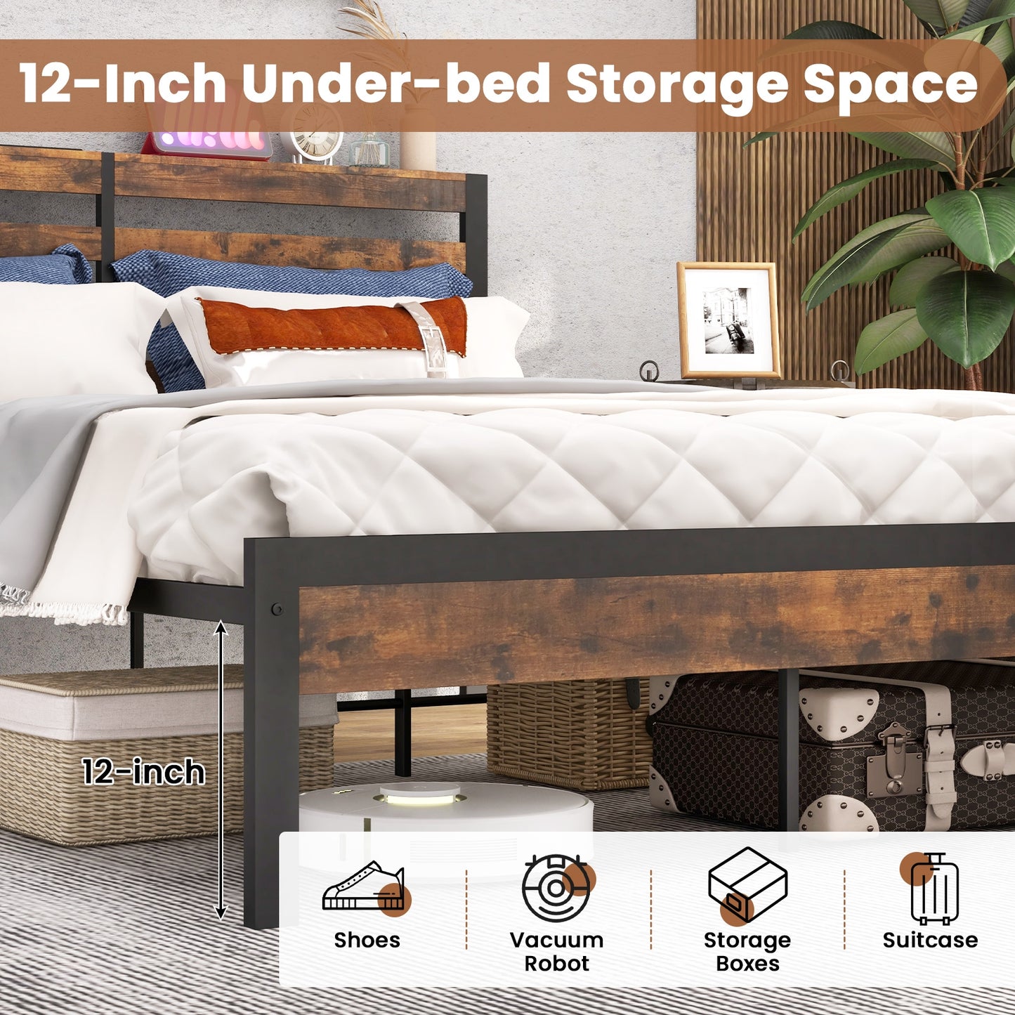 Rustic Brown Metal Platform Bed Frame with Storage Headboard and Built-in Charging Station - Full Size