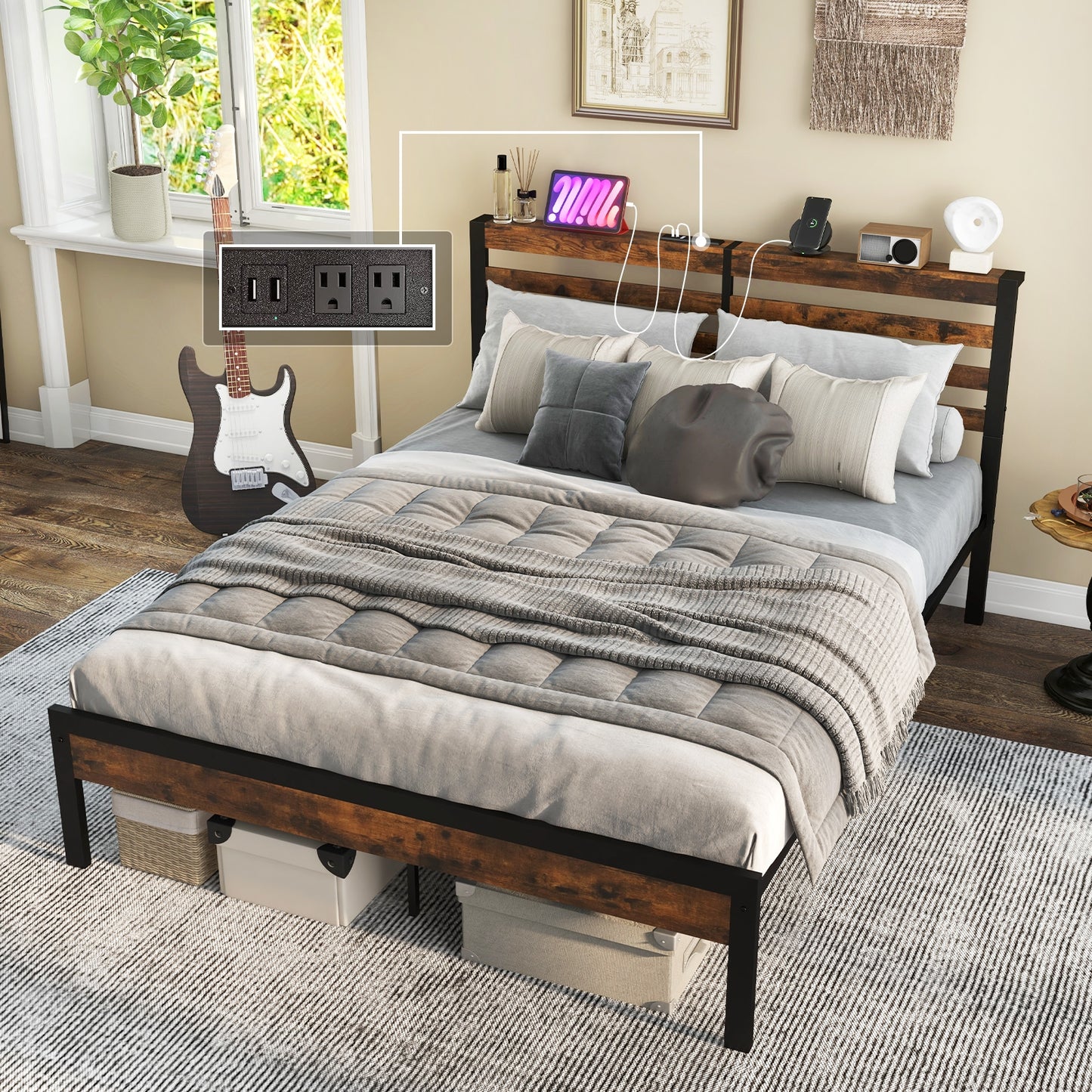 Rustic Brown Metal Platform Bed Frame with Storage Headboard and Built-in Charging Station - Queen Size