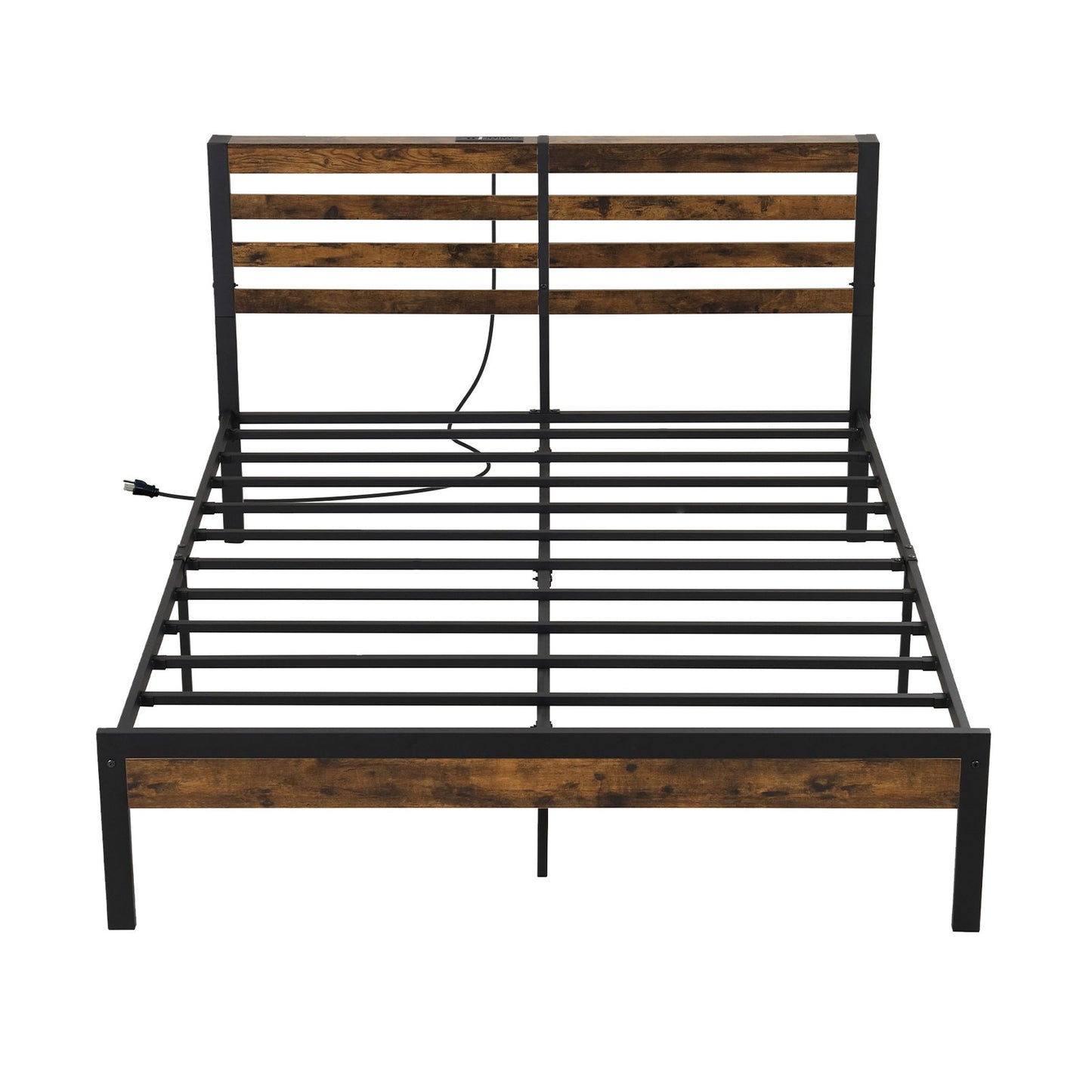 Rustic Brown Metal Platform Bed Frame with Storage Headboard and Built-in Charging Station - Queen Size