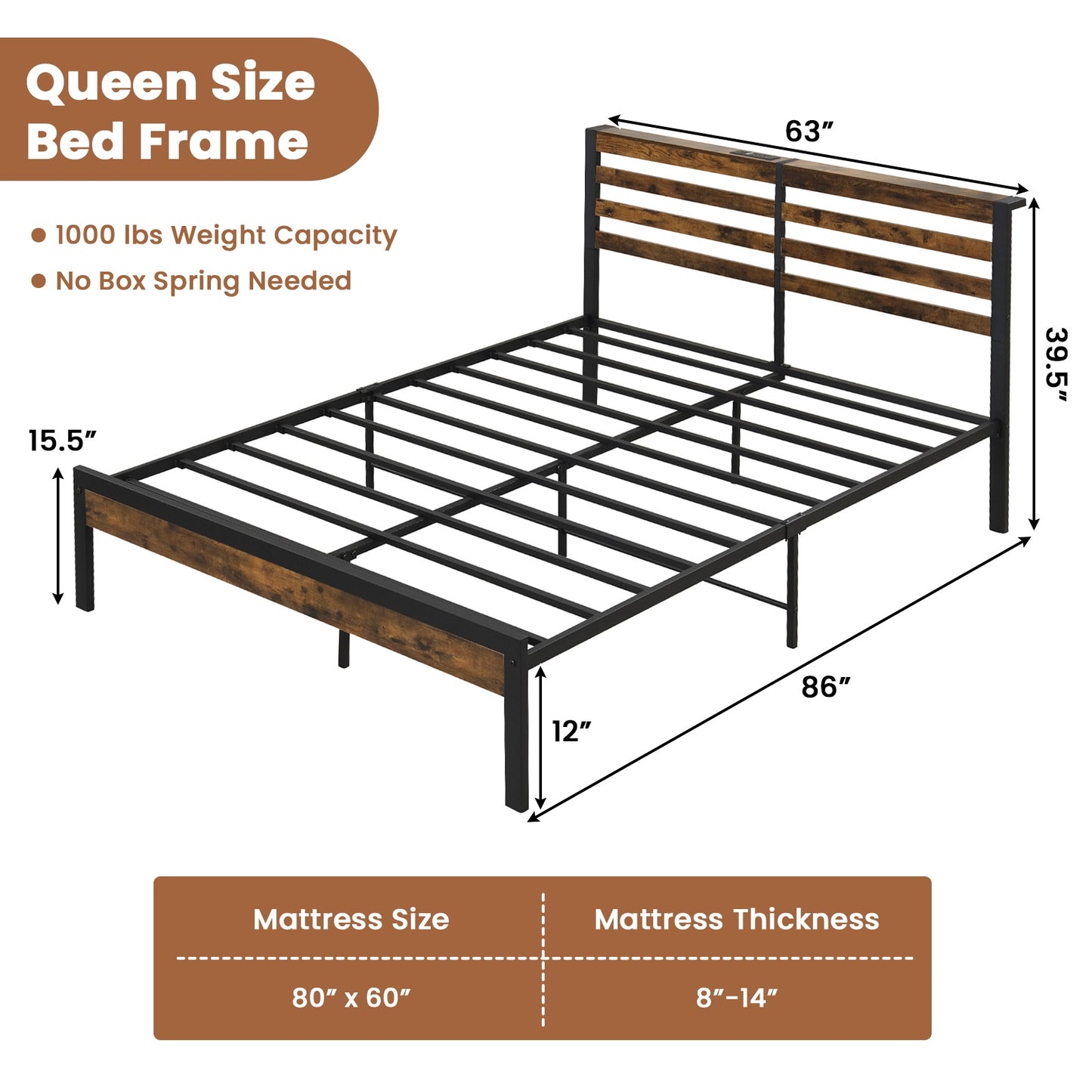 Rustic Brown Metal Platform Bed Frame with Storage Headboard and Built-in Charging Station - Queen Size